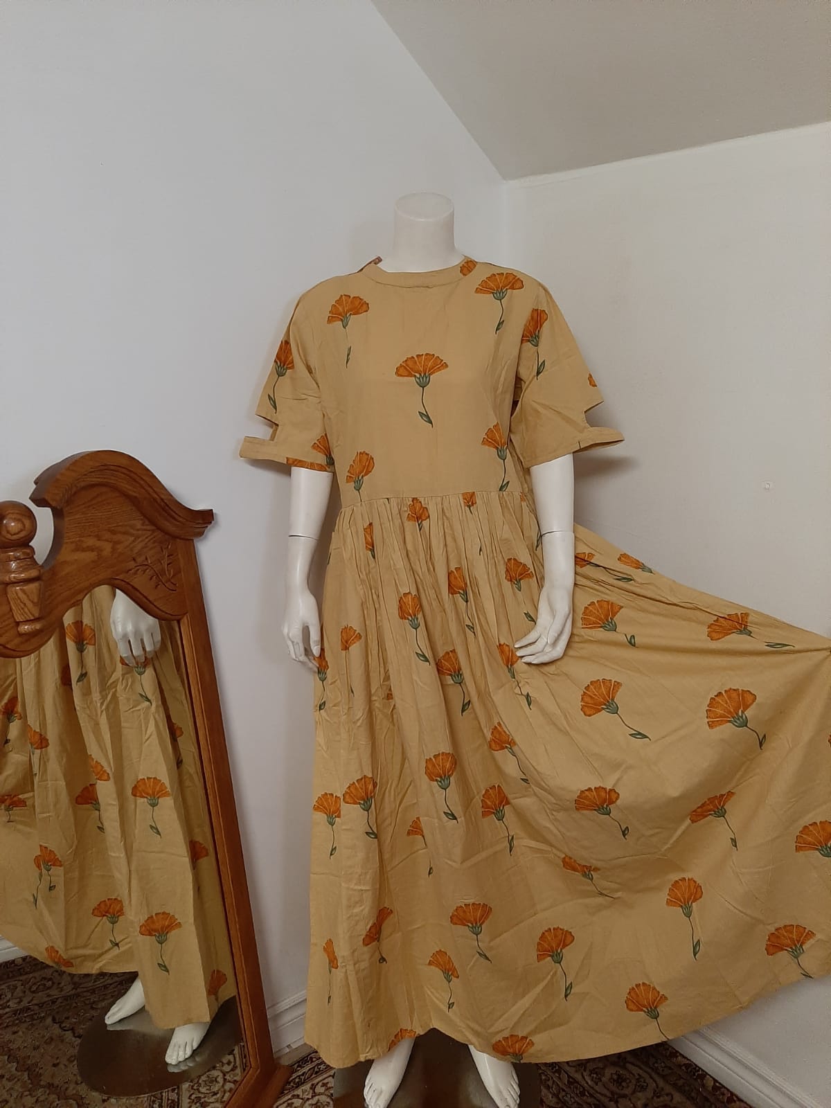 Dark Cream Cotton Kurti with Orange Print motifs @ DressingStylesCA.com