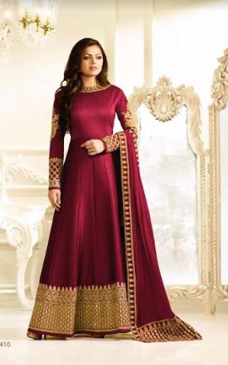 Double Colored Red/Bluish Silk Long Gown @ DressingStylesCA.com