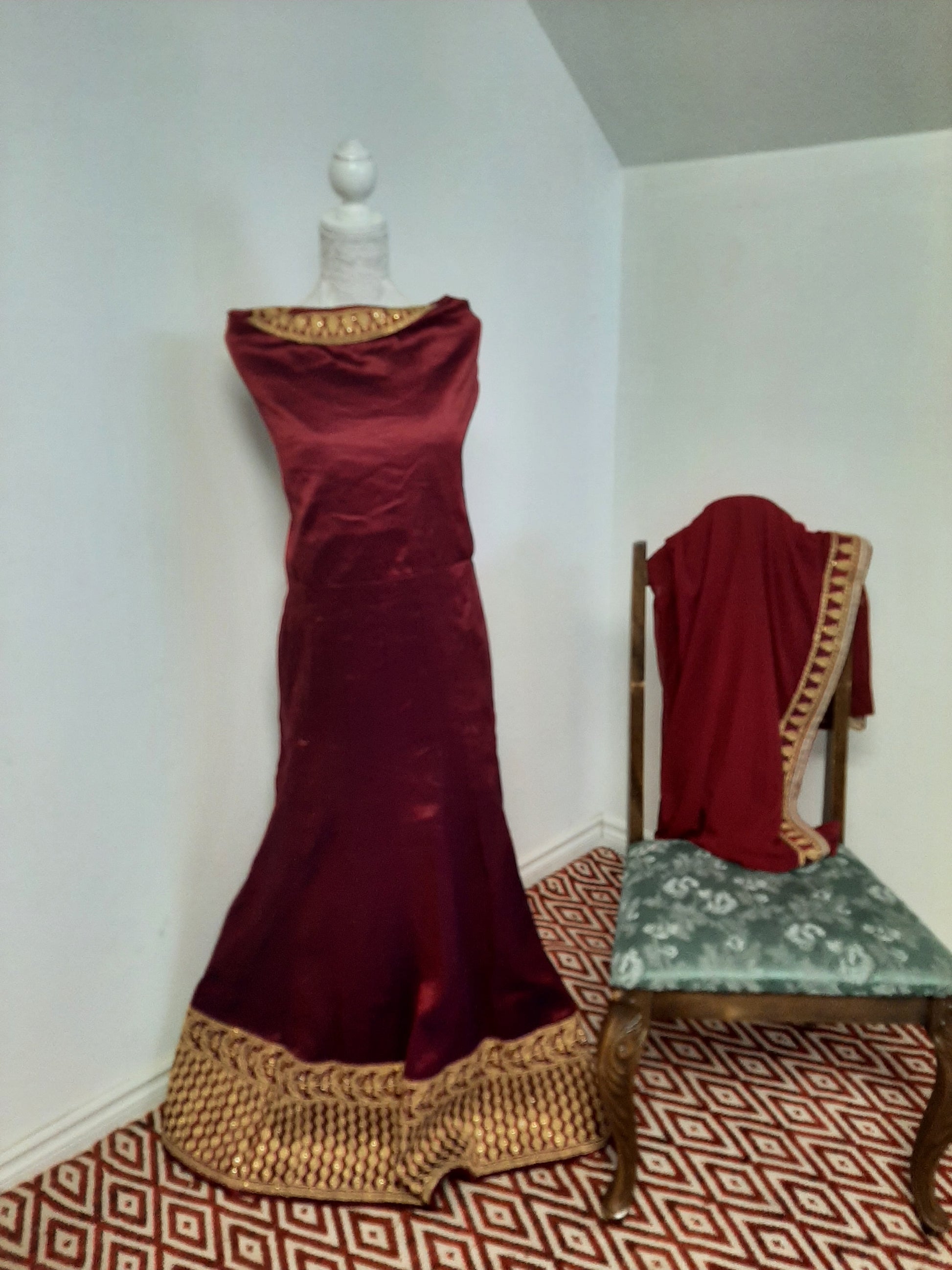 Double Colored Red/Bluish Silk Long Gown @ DressingStylesCA.com