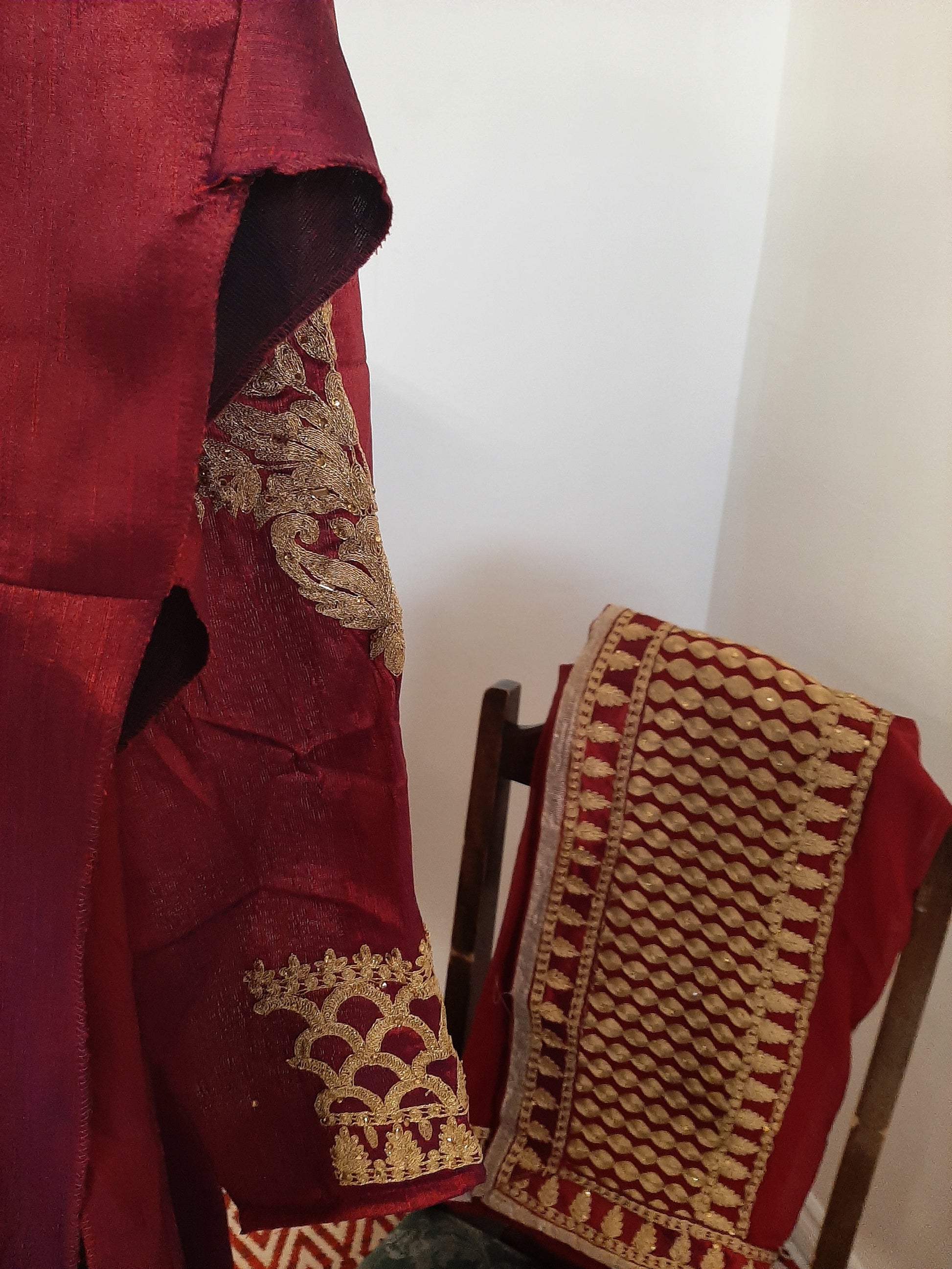Double Colored Red/Bluish Silk Long Gown @ DressingStylesCA.com
