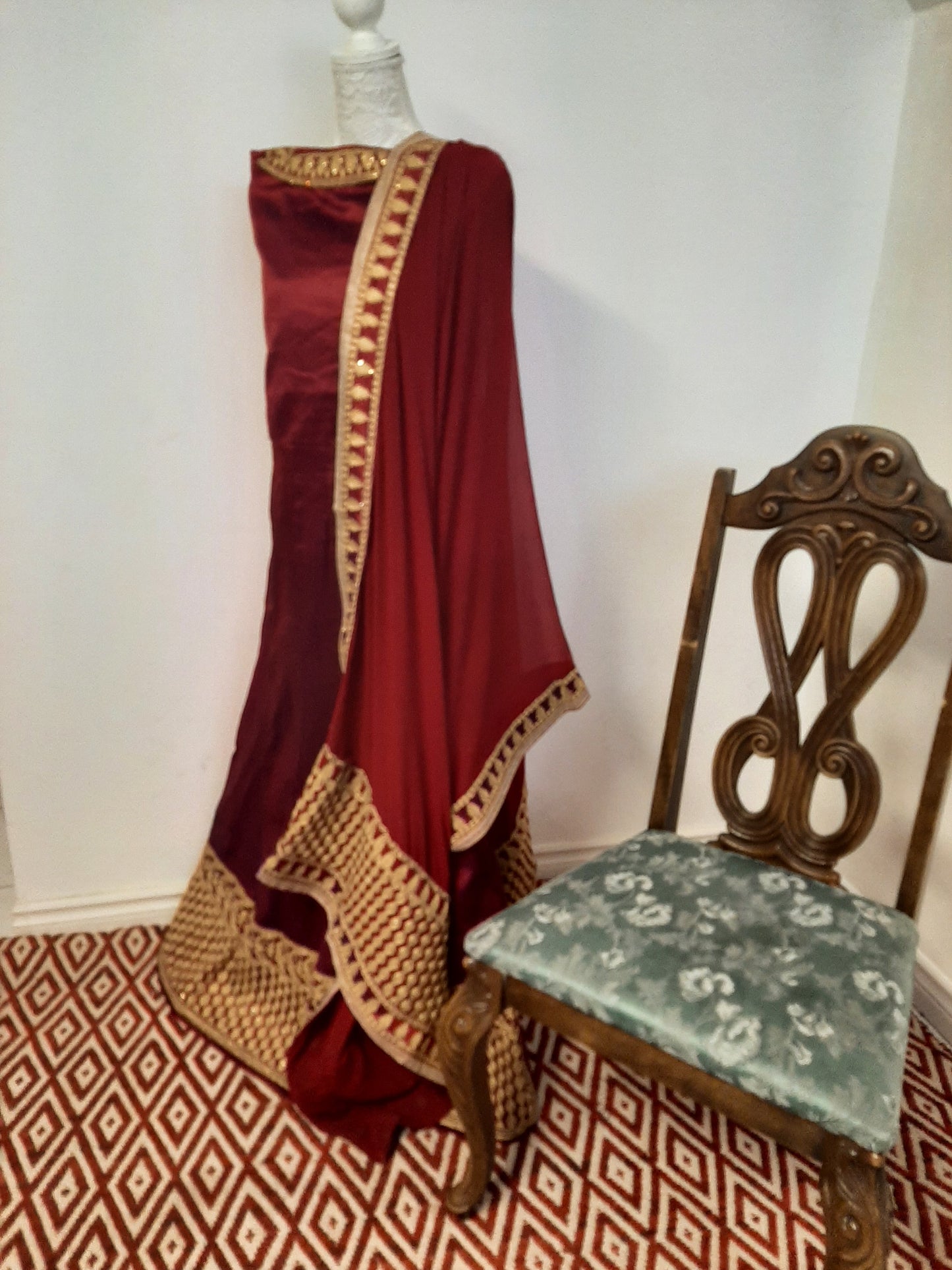 Double Colored Red/Bluish Silk Long Gown @ DressingStylesCA.com