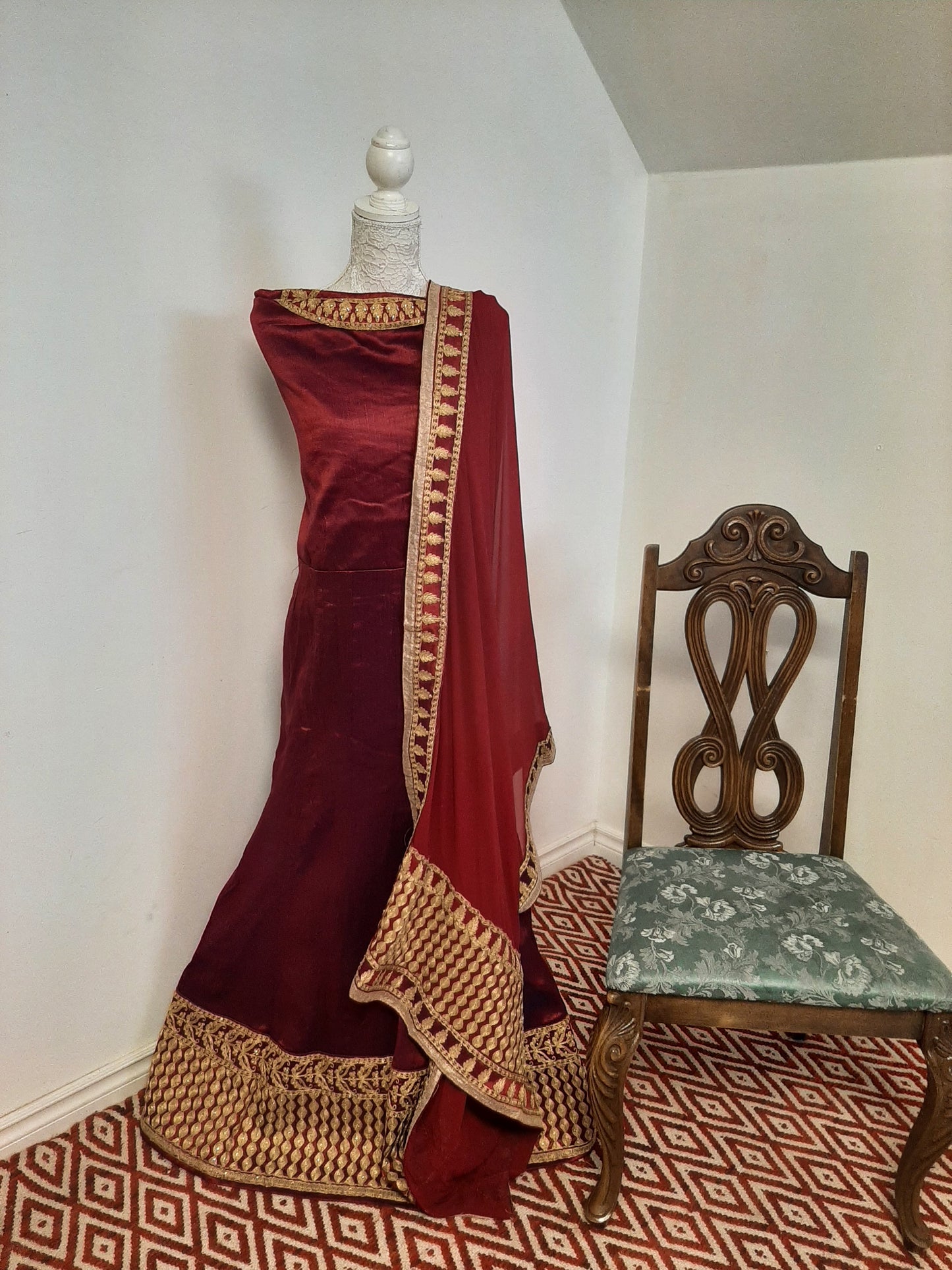 Double Colored Red/Bluish Silk Long Gown @ DressingStylesCA.com