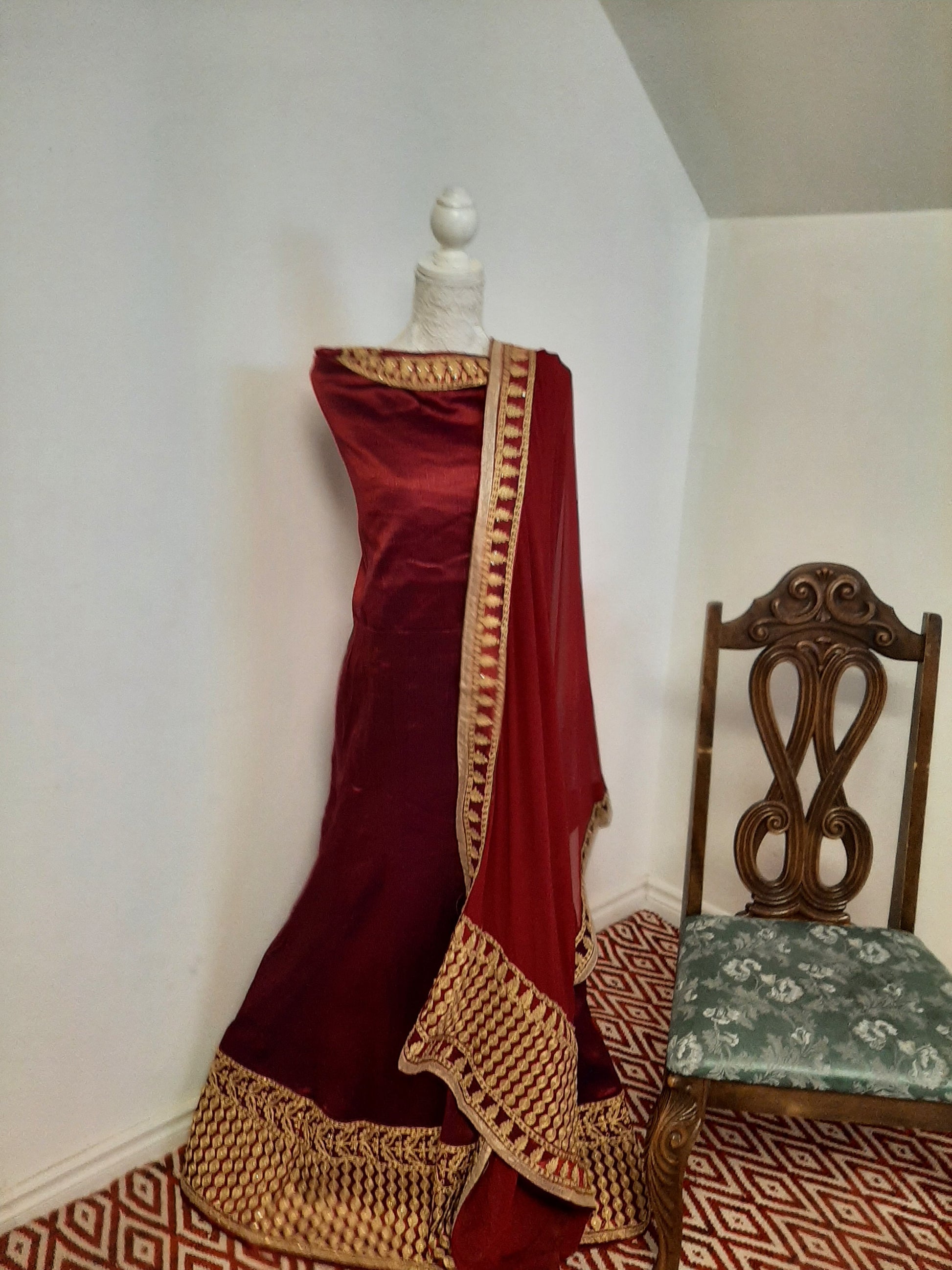Double Colored Red/Bluish Silk Long Gown @ DressingStylesCA.com