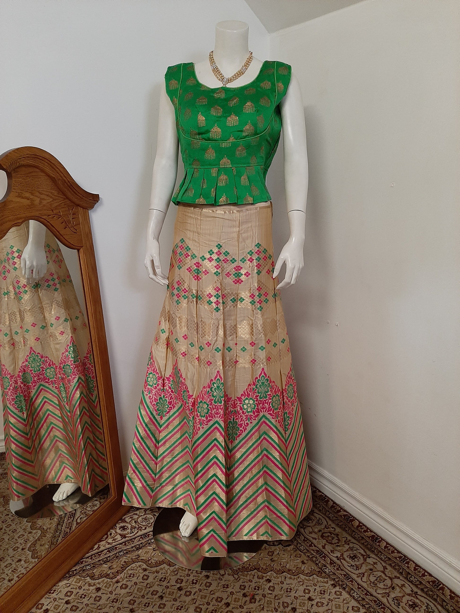Golden Colored Lehenga with Green Dupatta @ DressingStylesCA.com