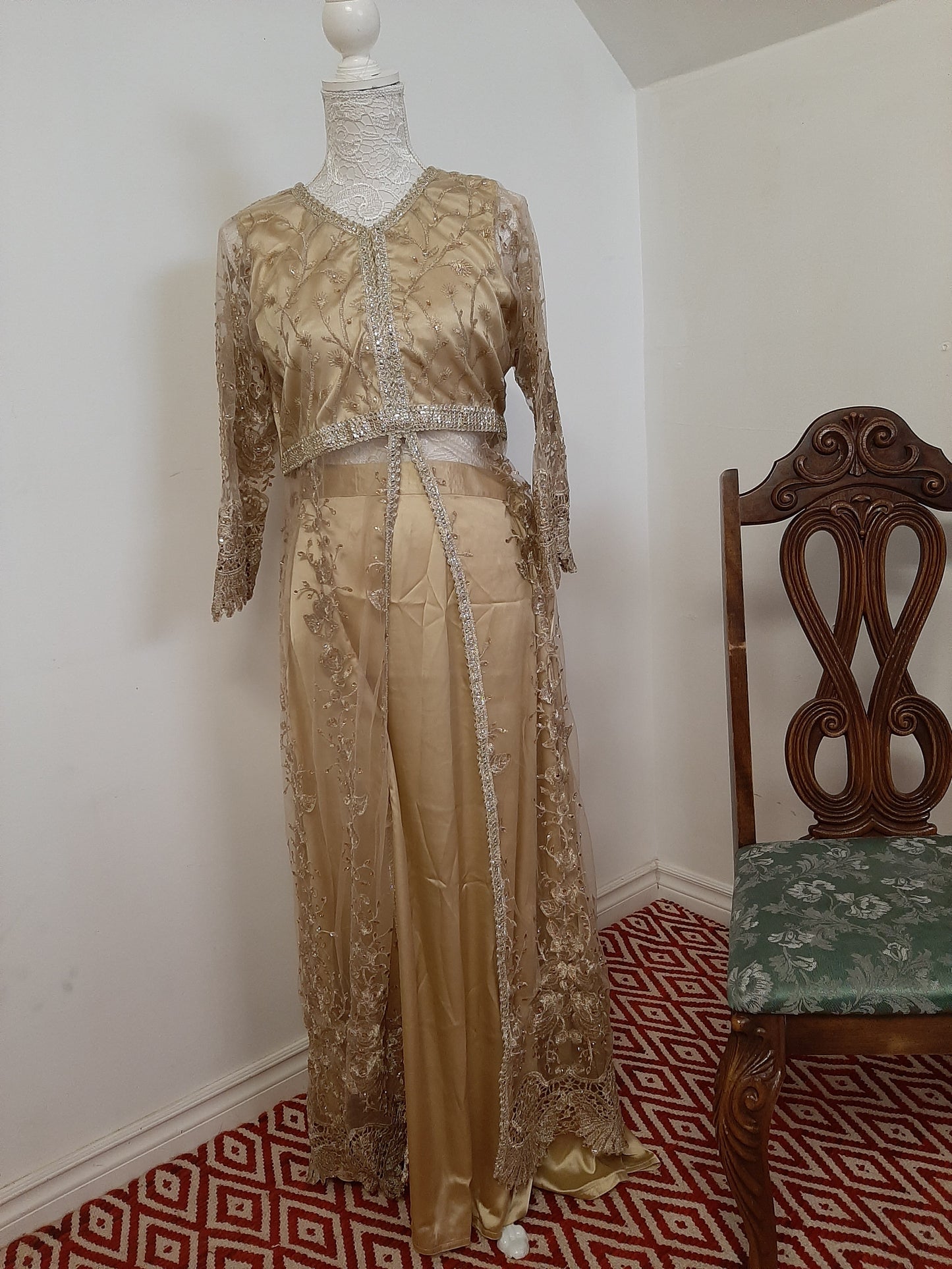 Golden Long Middle Split Kurti with Satin Lehenga @ DressingStylesCA.com