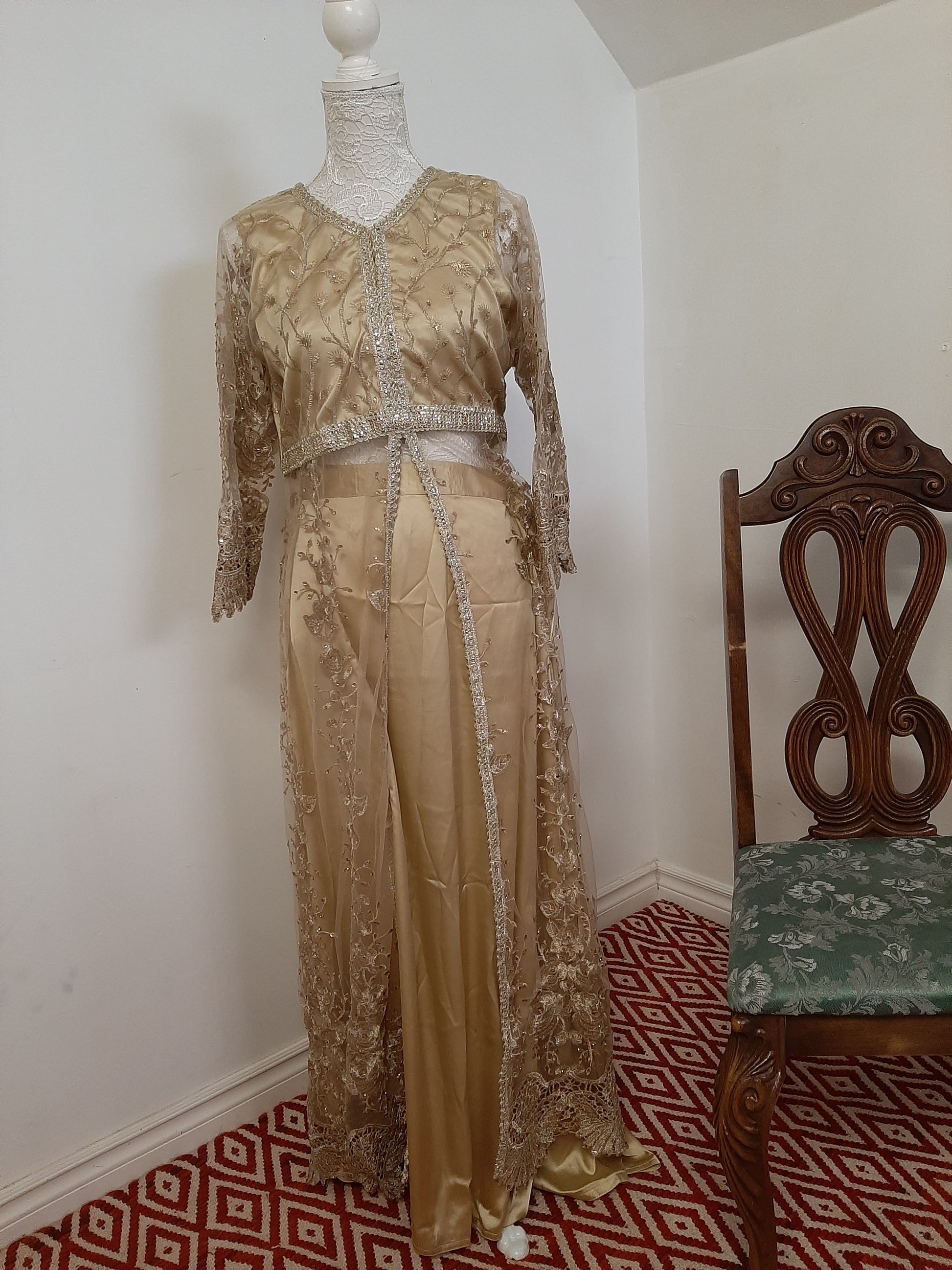 Golden Long Middle Split Kurti with Satin Lehenga @ DressingStylesCA.com