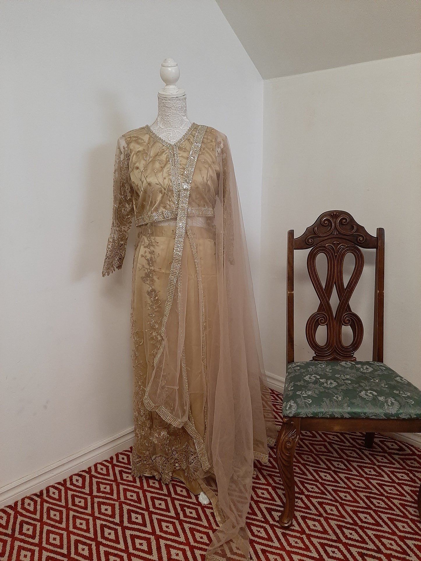 Golden Long Middle Split Kurti with Satin Lehenga @ DressingStylesCA.com