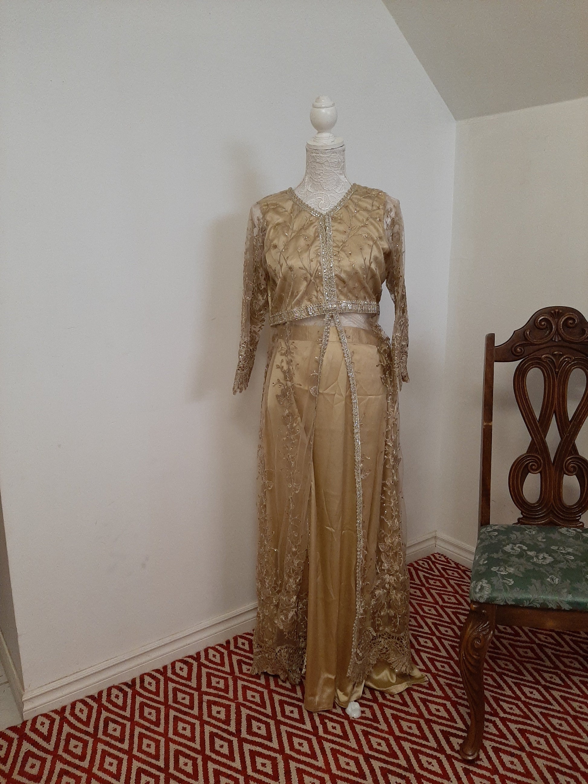 Golden Long Middle Split Kurti with Satin Lehenga @ DressingStylesCA.com