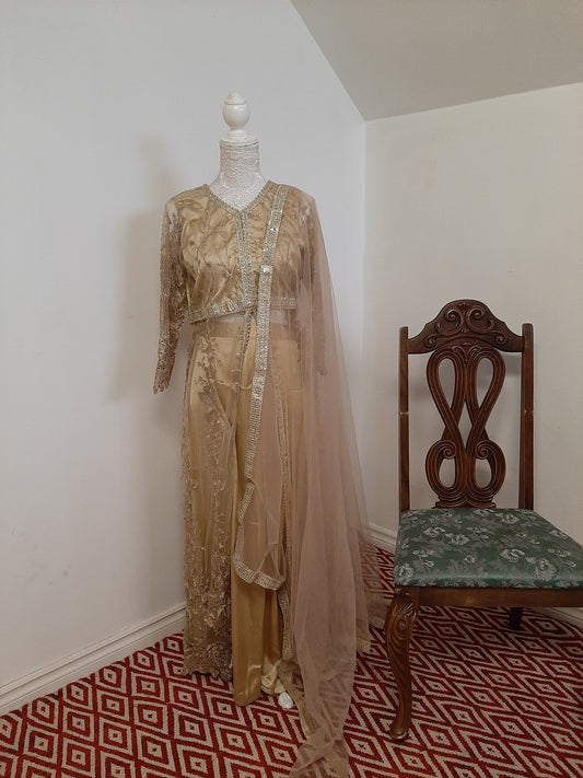 Golden Long Middle Split Kurti with Satin Lehenga @ DressingStylesCA.com