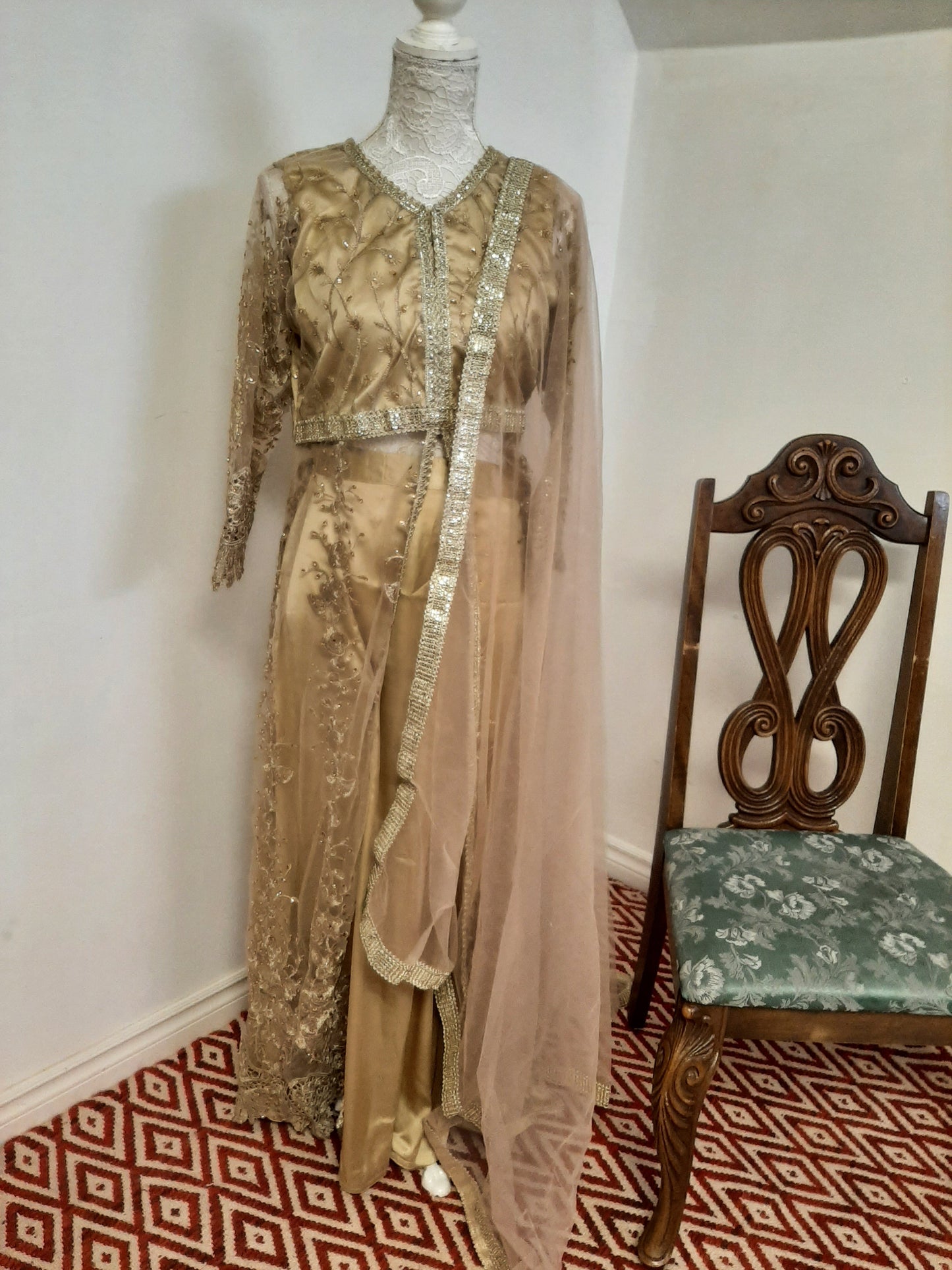 Golden Long Middle Split Kurti with Satin Lehenga @ DressingStylesCA.com