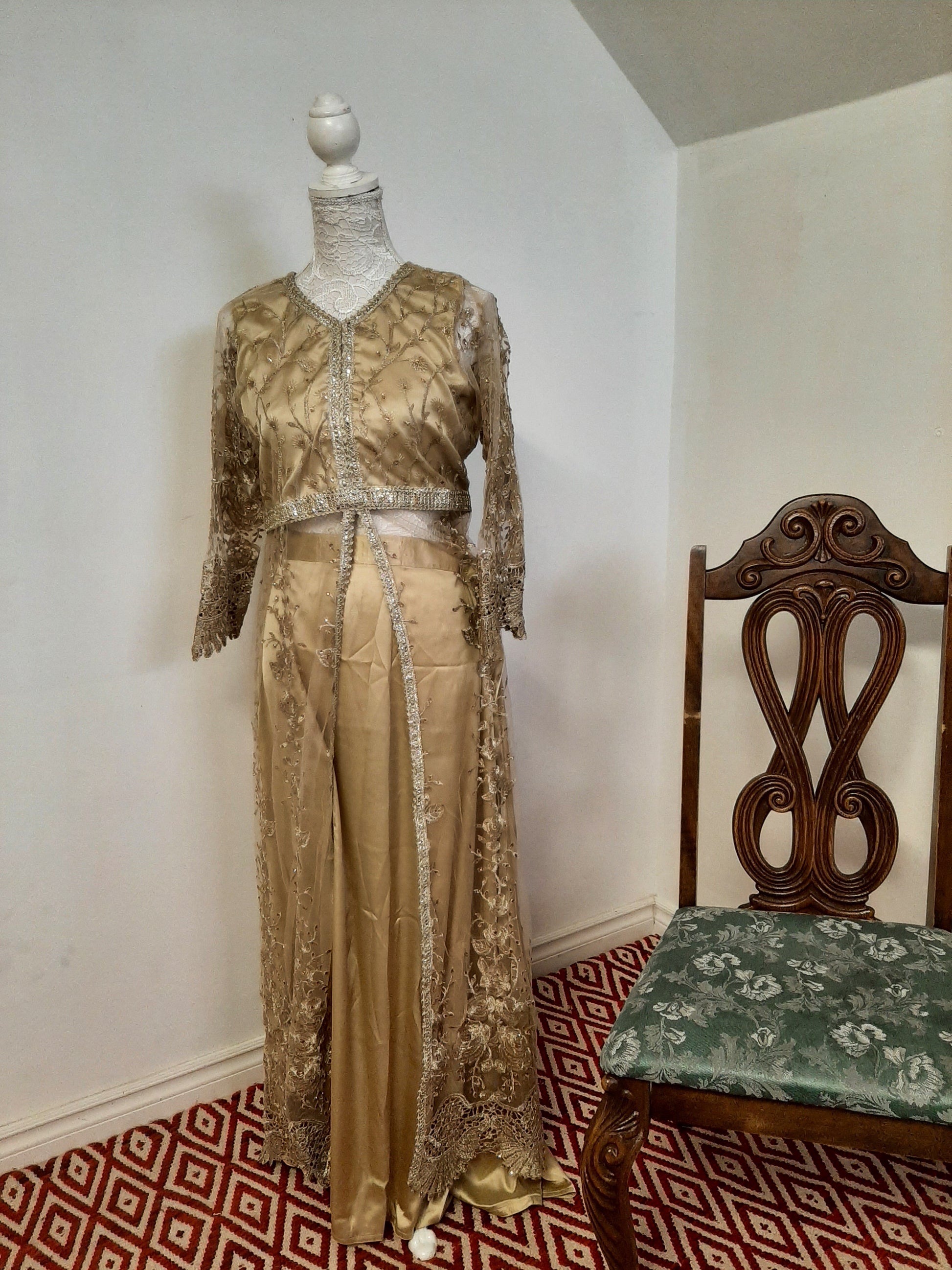 Golden Long Middle Split Kurti with Satin Lehenga @ DressingStylesCA.com