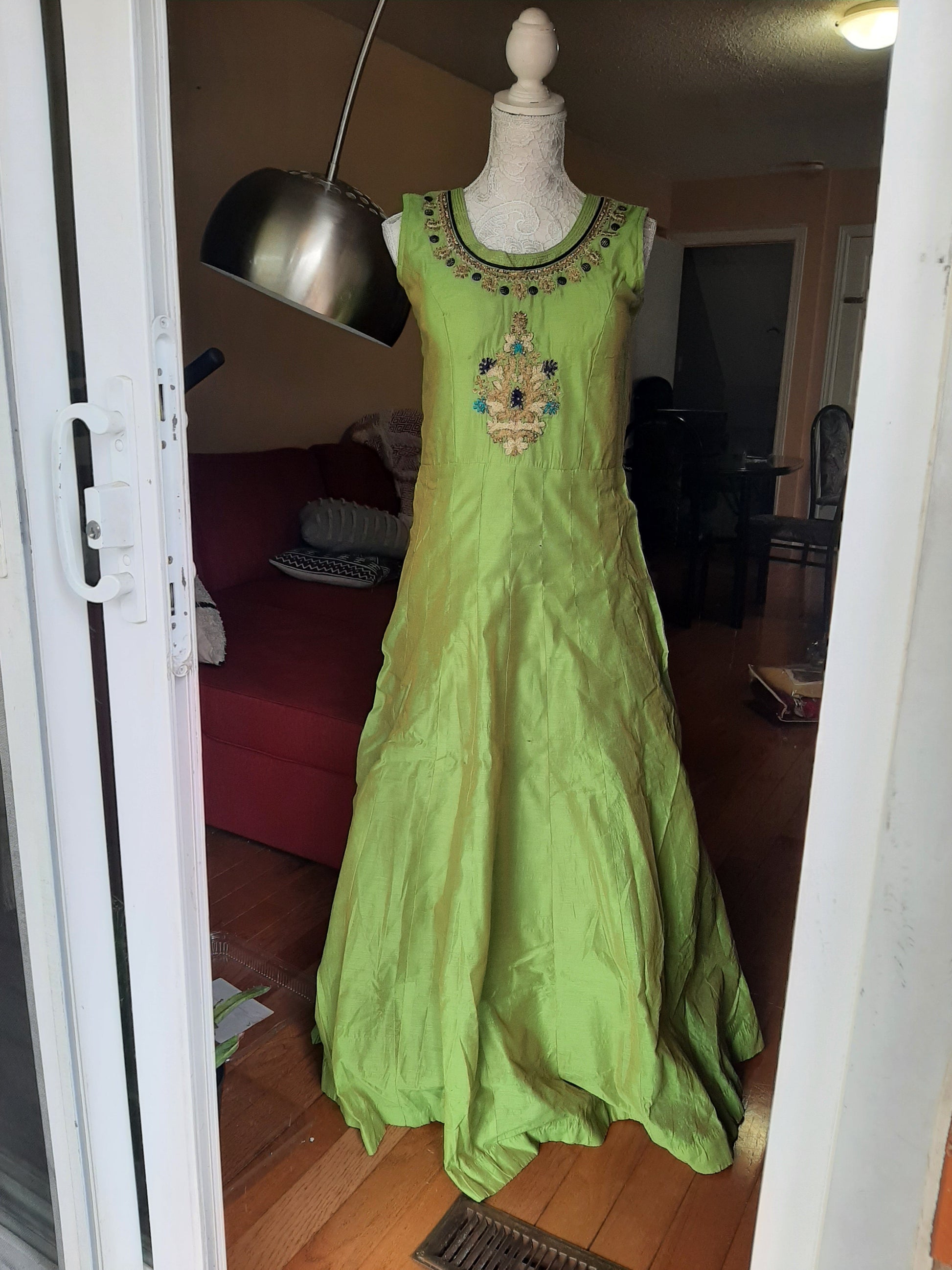 Green Long Gown With Blue Dupatta @ DressingStylesCA.com