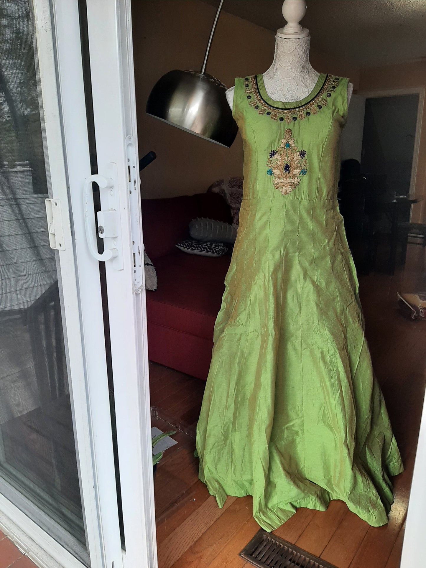 Green Long Gown With Blue Dupatta @ DressingStylesCA.com