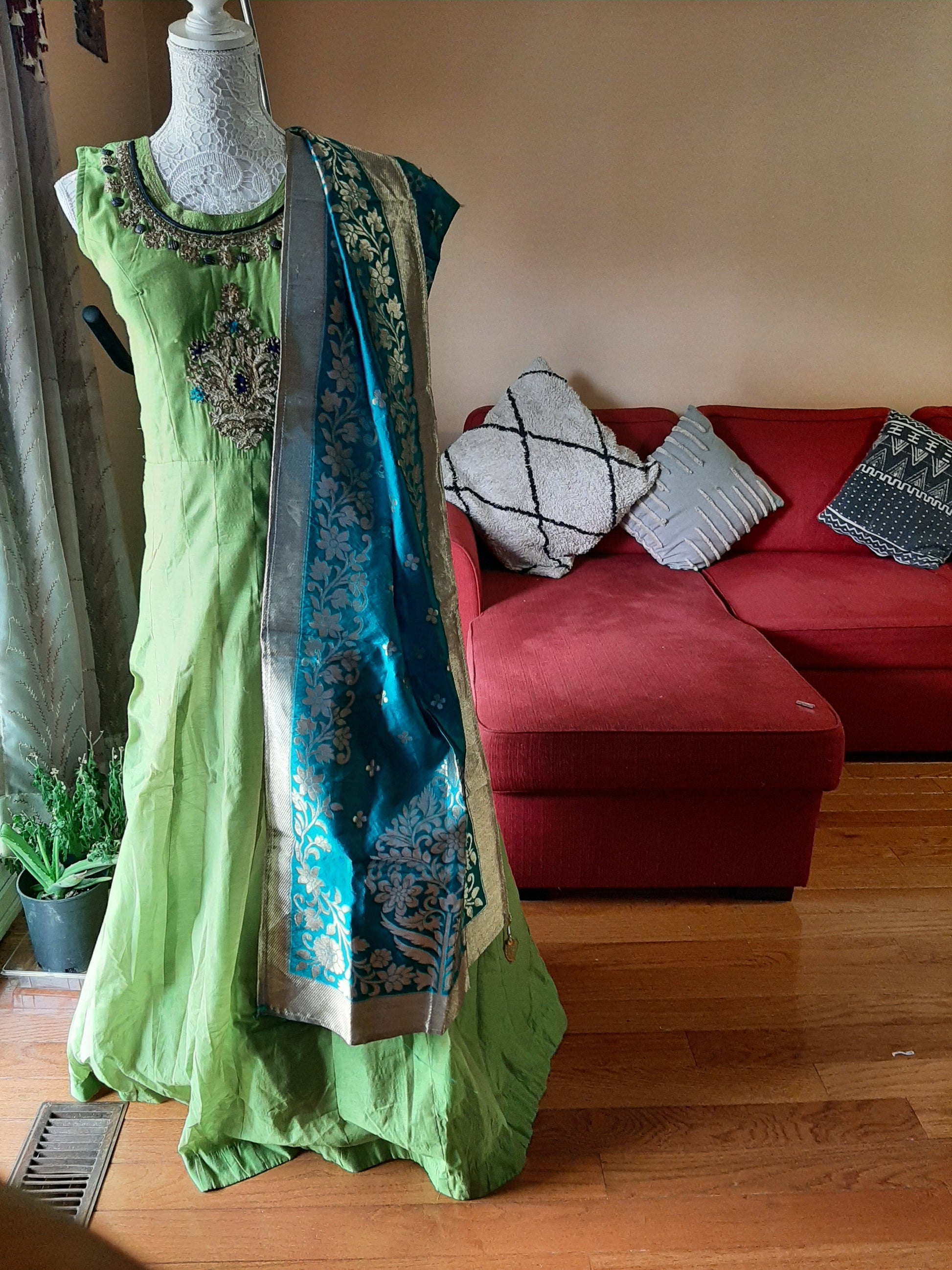 Green Long Gown With Blue Dupatta @ DressingStylesCA.com
