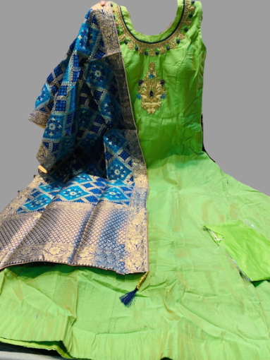 Green Long Gown With Blue Dupatta @ DressingStylesCA.com