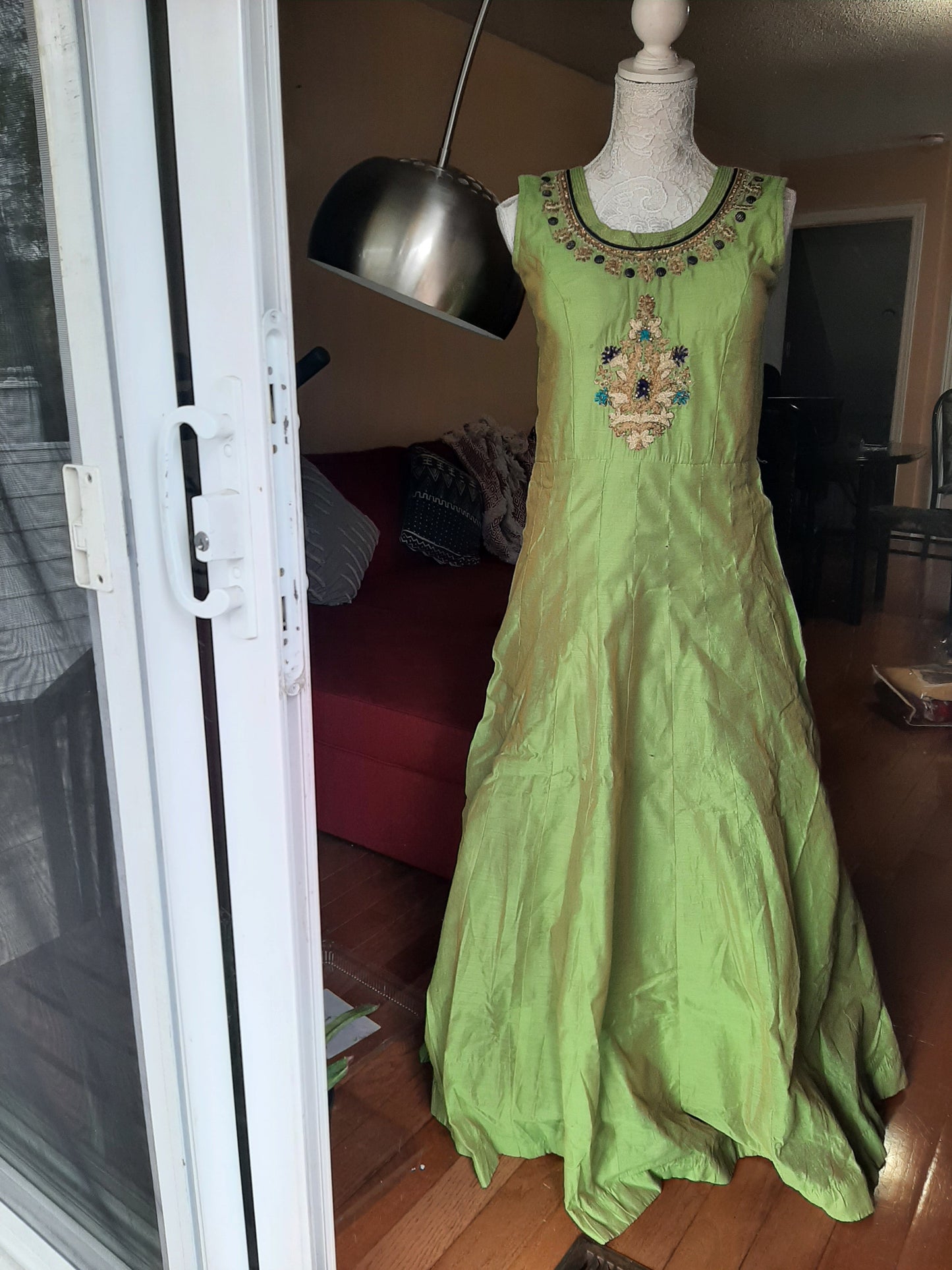 Green Long Gown With Blue Dupatta @ DressingStylesCA.com