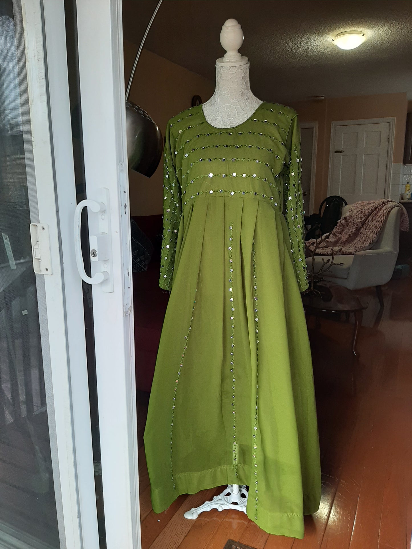 Green Long Gown with Mirror Work @ DressingStylesCA.com