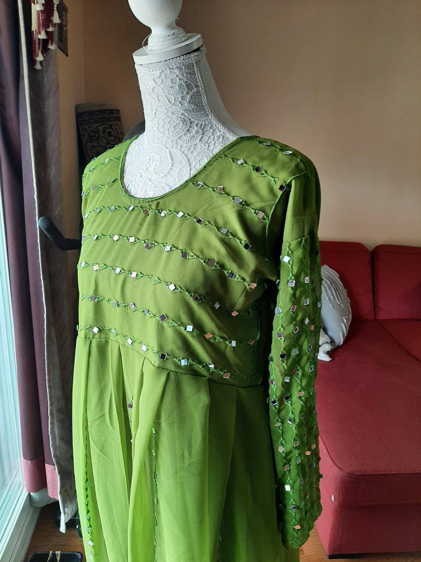 Green Long Gown with Mirror Work @ DressingStylesCA.com