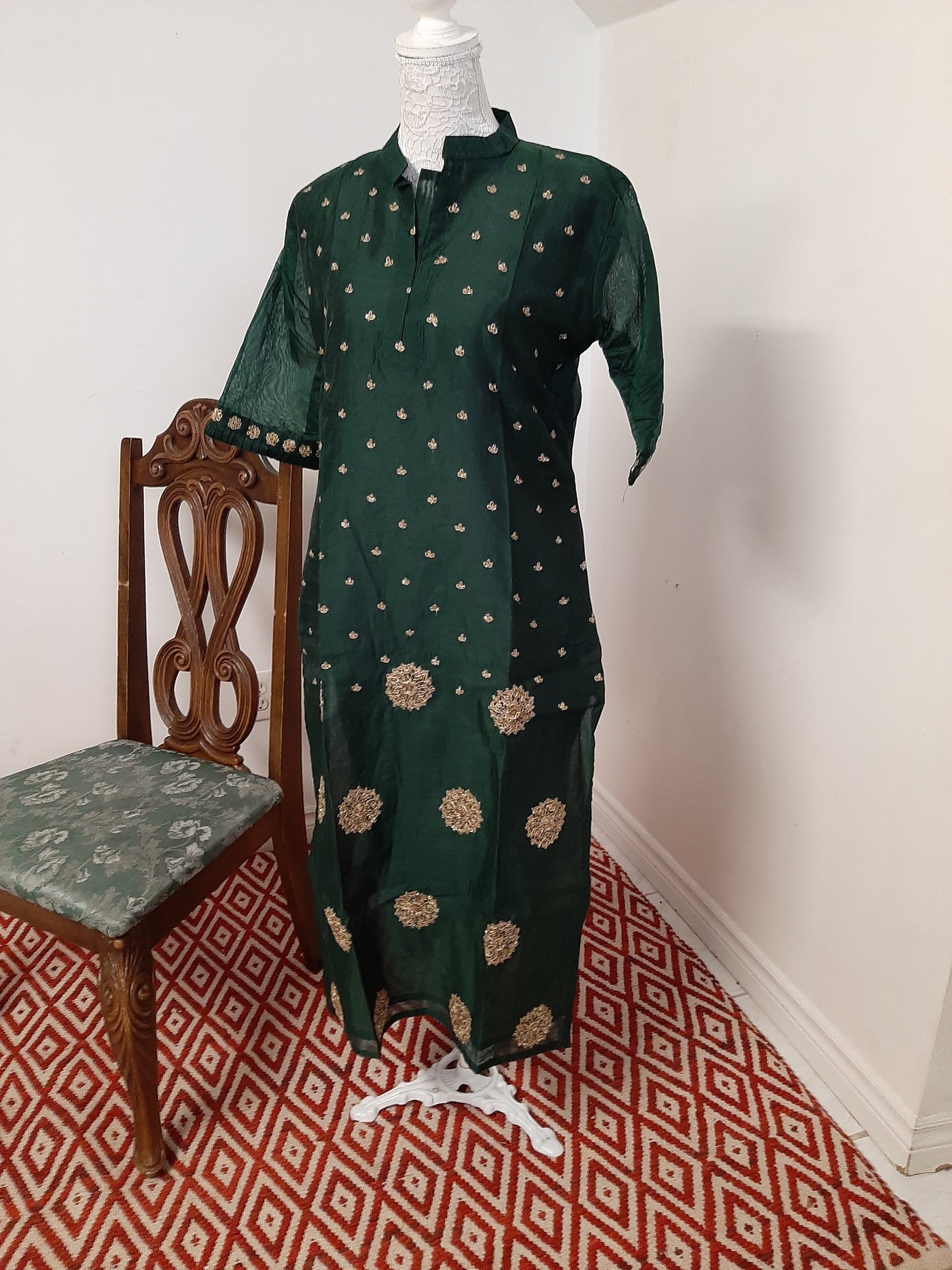 Green Straight Kurti  with Golden Dupatta @ DressingStylesCA.com