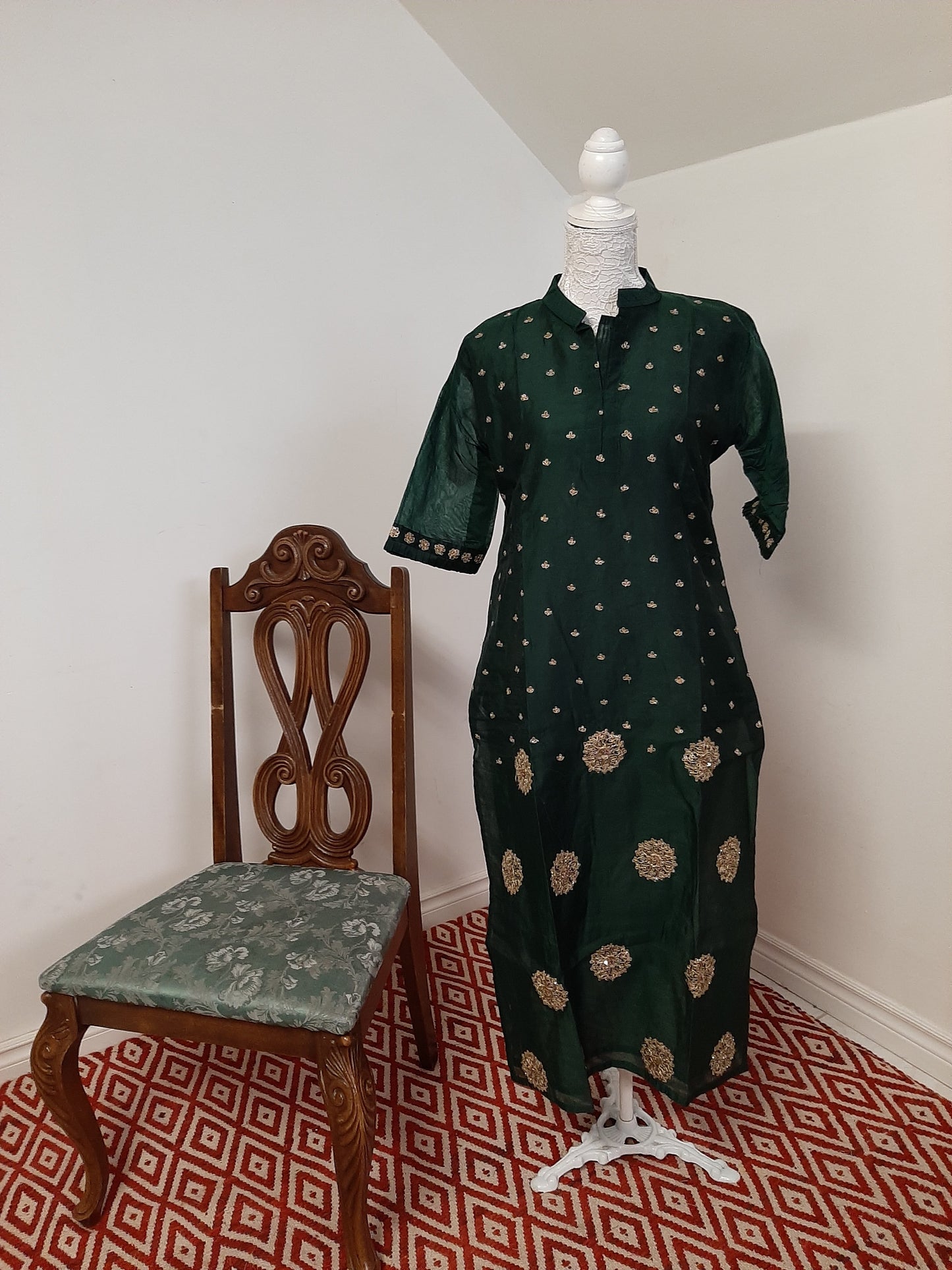 Green Straight Kurti with Golden Dupatta @ DressingStylesCA.com