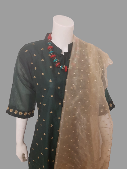 Green Straight Kurti with Golden Dupatta @ DressingStylesCA.com