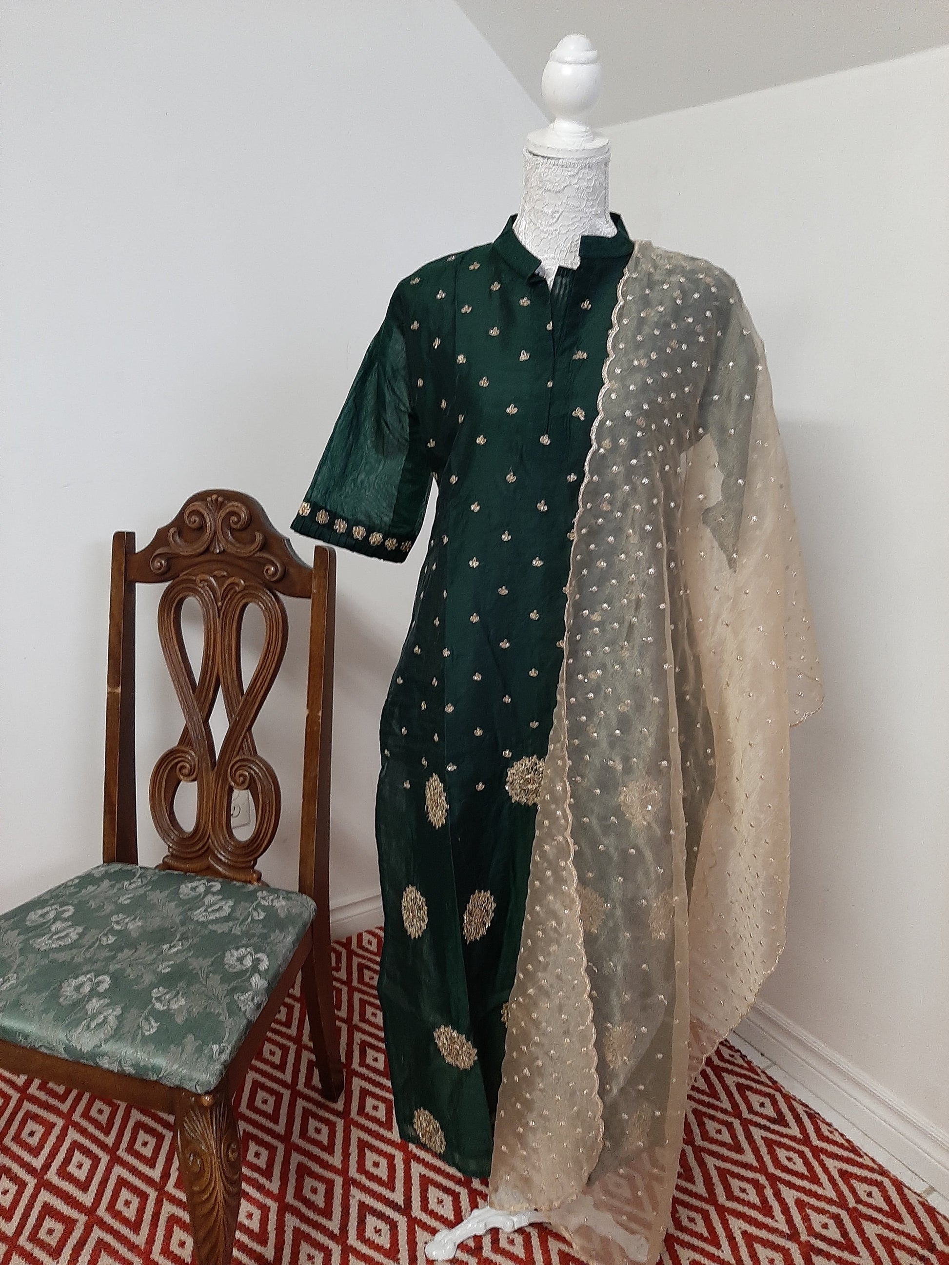 Green Straight Kurti  with Golden Dupatta @ DressingStylesCA.com