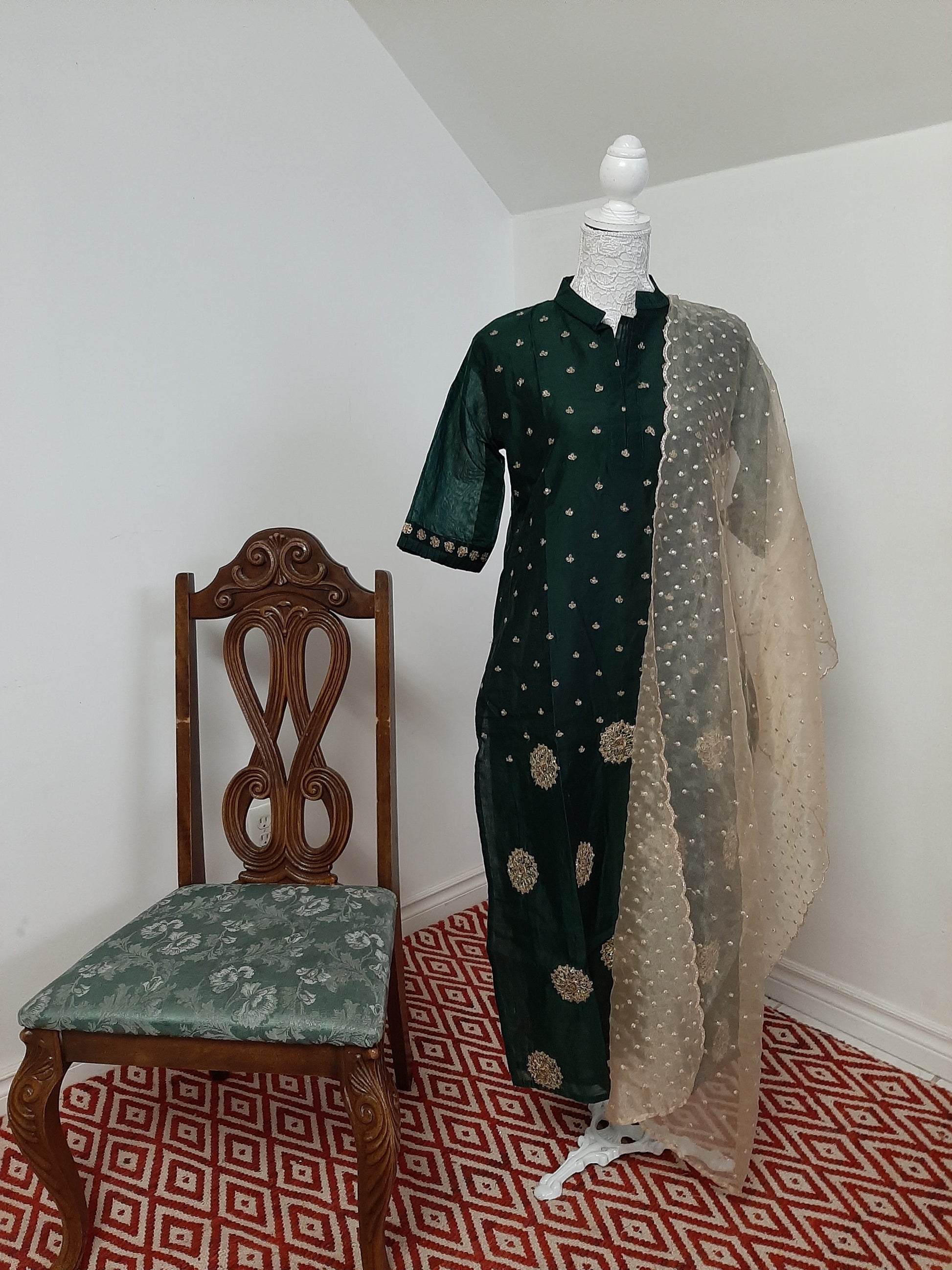 Green Straight Kurti  with Golden Dupatta @ DressingStylesCA.com