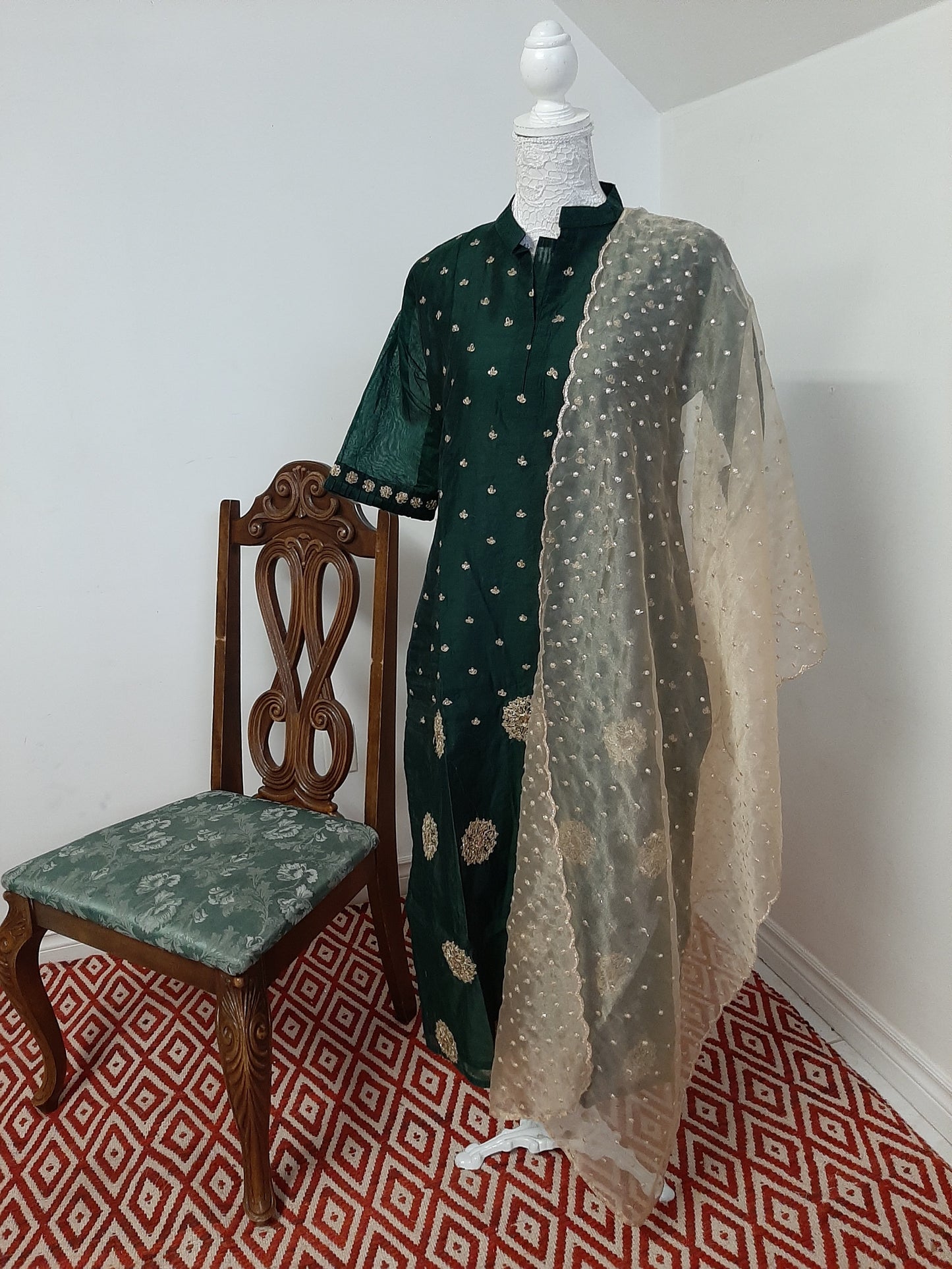 Green Straight Kurti with Golden Dupatta @ DressingStylesCA.com