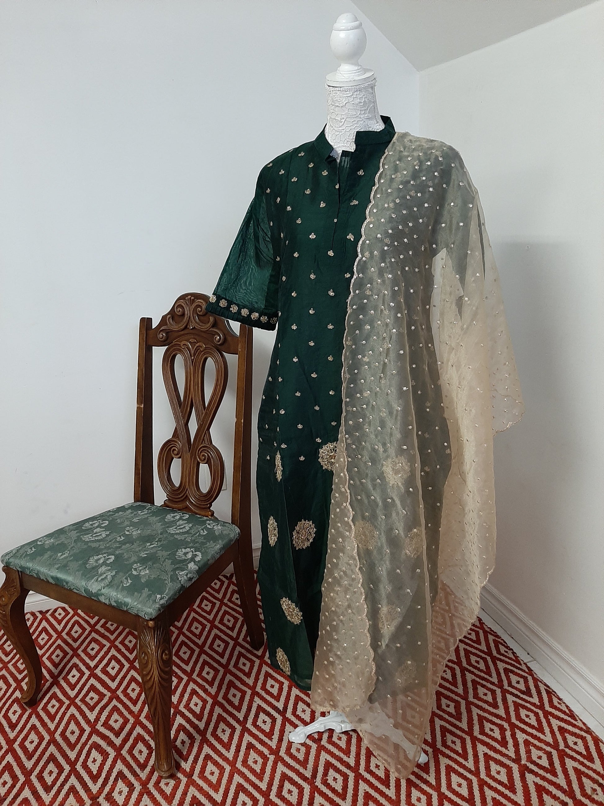 Green Straight Kurti  with Golden Dupatta @ DressingStylesCA.com
