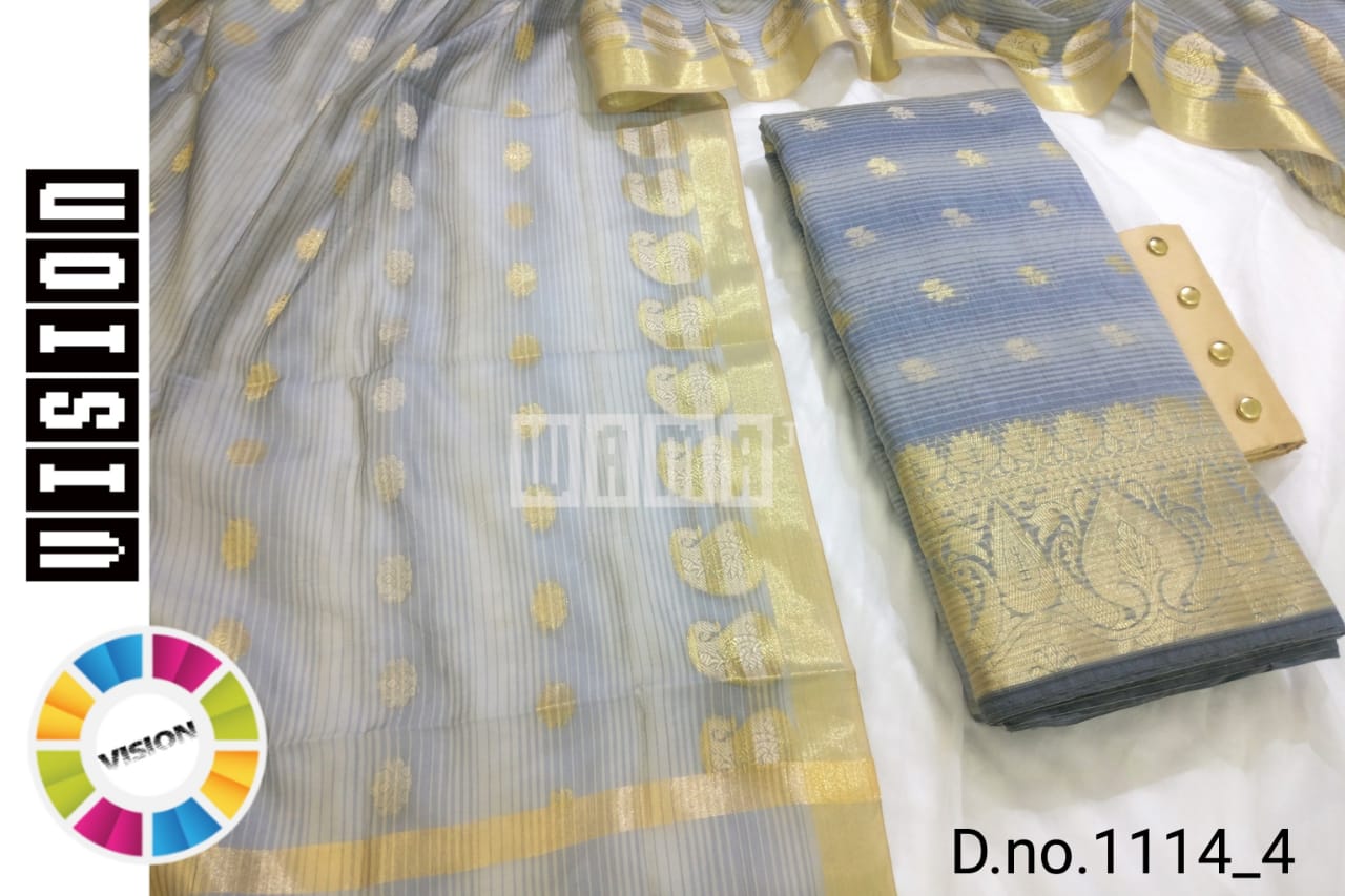 Grey Striped Banarsi Dress Material @ DressingStylesCA.com