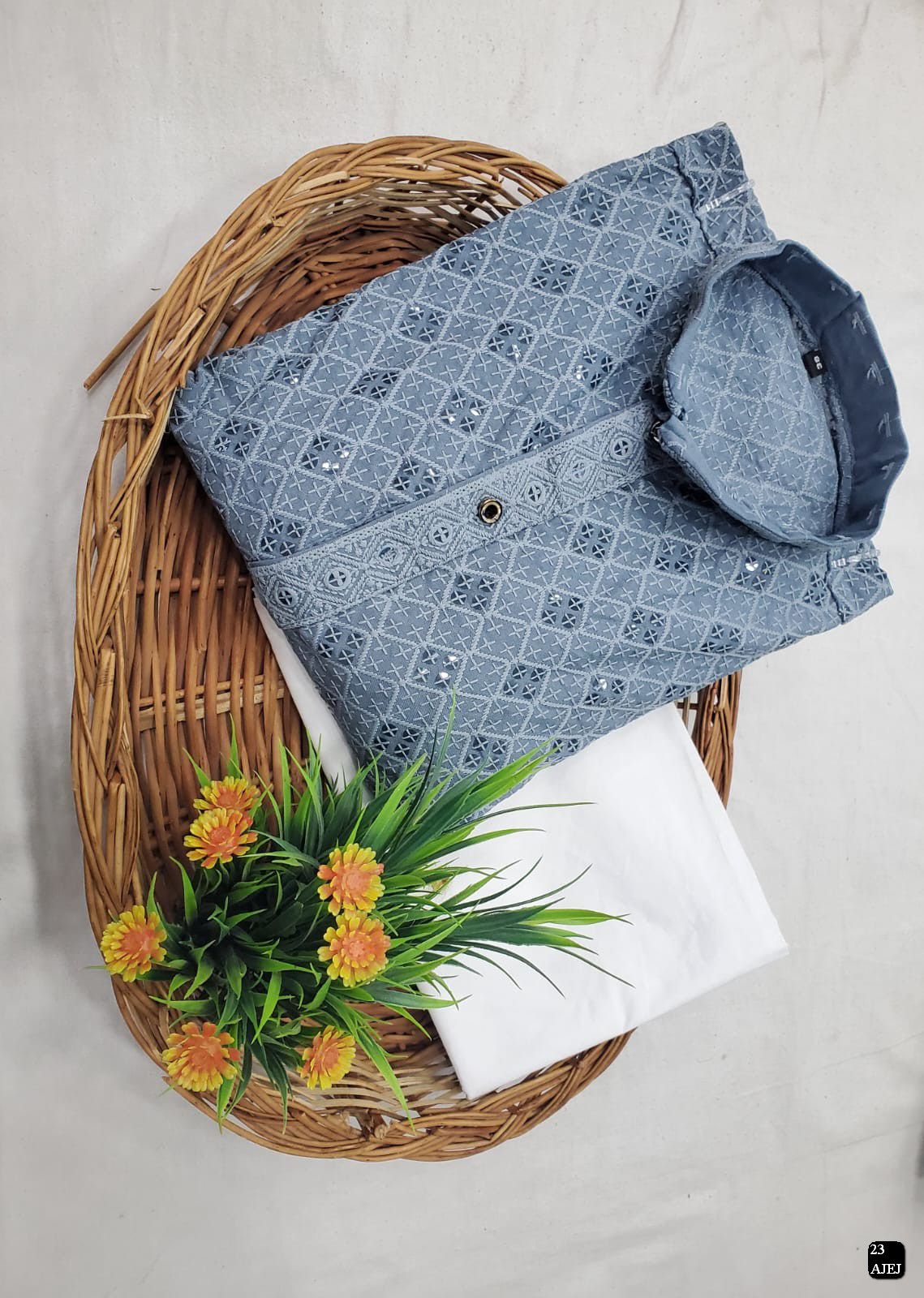 Lavender Blue Rayon Chikan kurta set @ DressingStylesCA.com