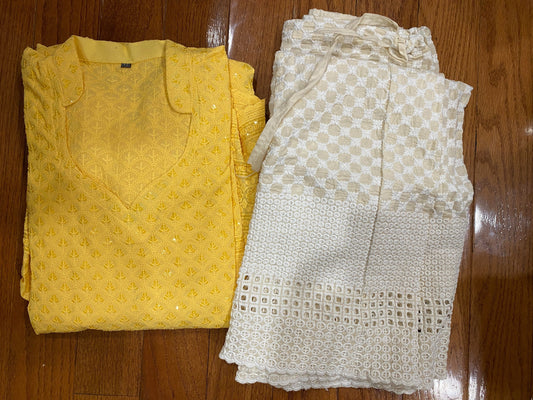 Light Yellow Kurti Chikankari & Cream Palazzo @ DressingStylesCA.com