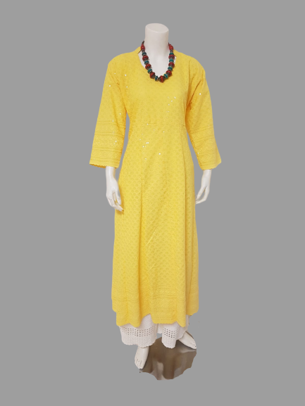 Light Yellow Kurti Chikankari & Cream Palazzo @ DressingStylesCA.com