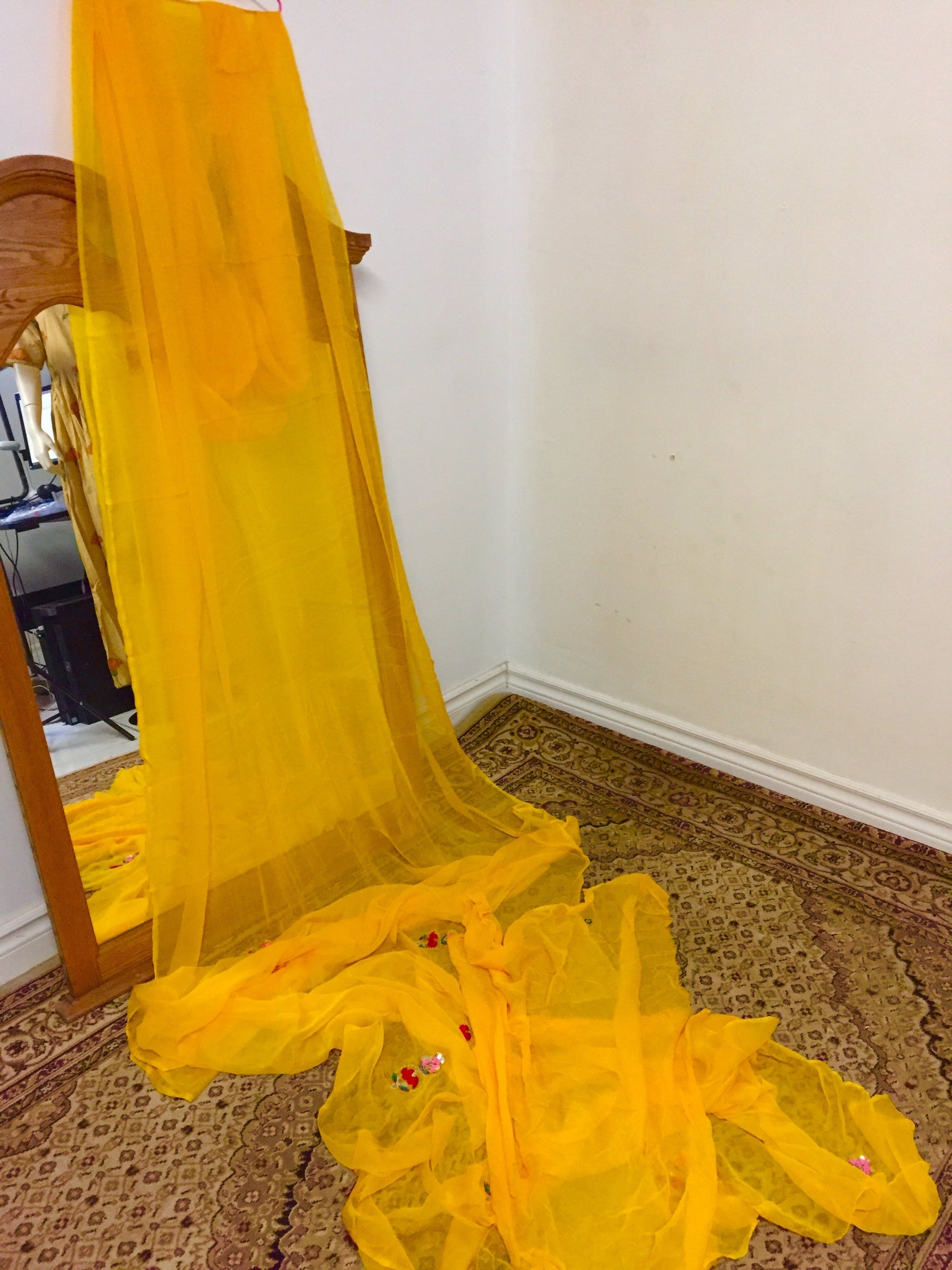 Mango Yellow Pure Chiffon Saree with Elephant design (Handwork) @ DressingStylesCA.com