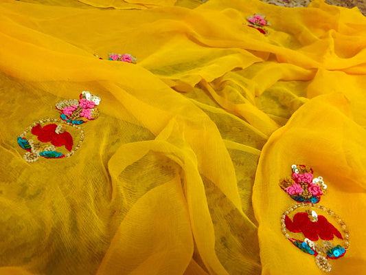 Mango Yellow Pure Chiffon Saree with Elephant design (Handwork) @ DressingStylesCA.com