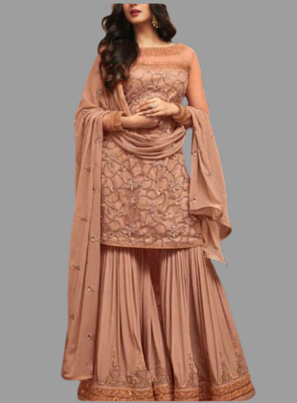 Melon Orange Net Material with Embroidery - Stitched @ DressingStylesCA.com