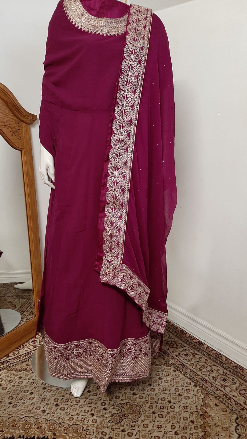 Mulberry Purple Georgette Gown with Embroidery and Stone work @ DressingStylesCA.com