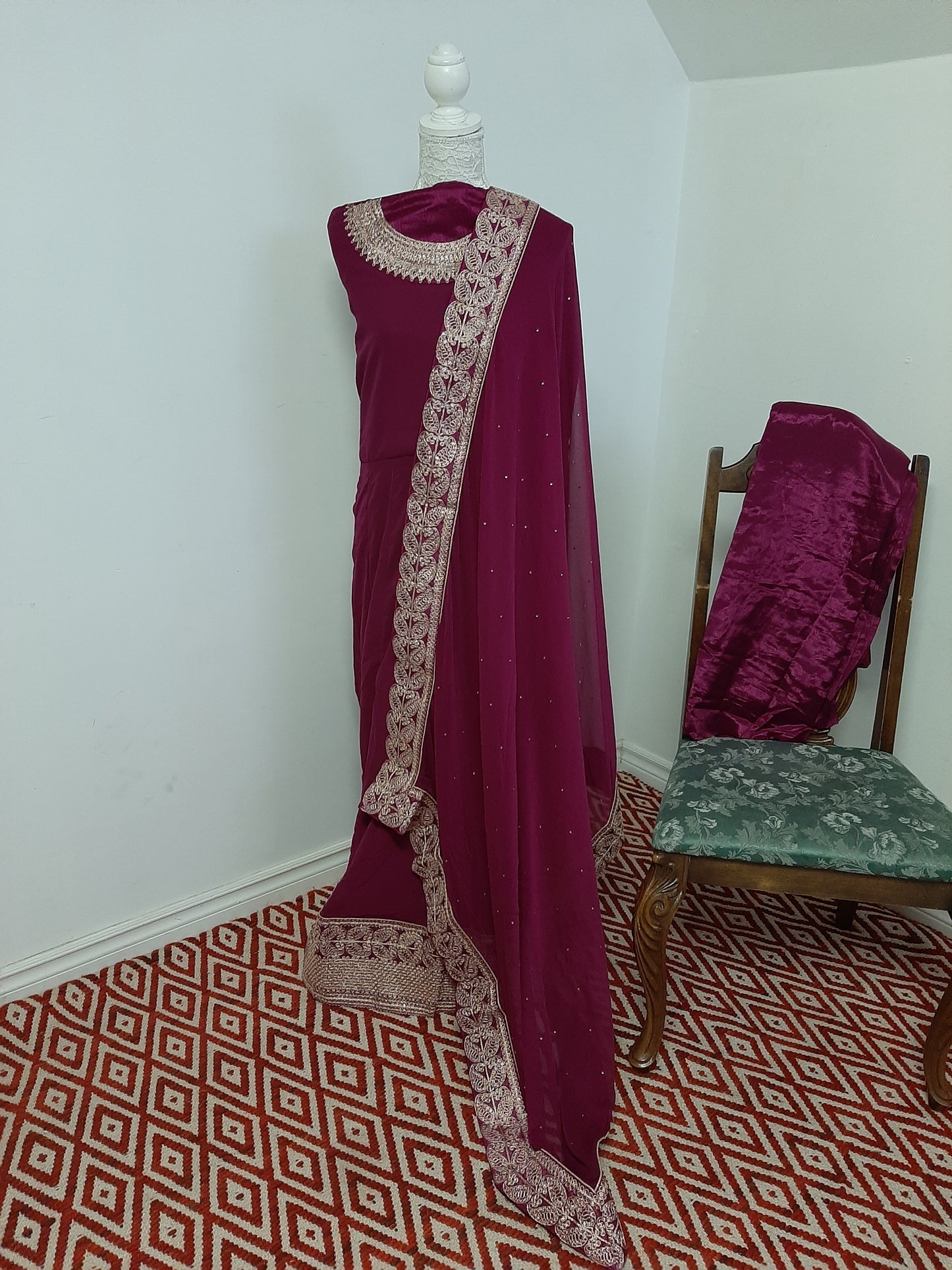 Mulberry Purple Georgette Gown with Embroidery and Stone work @ DressingStylesCA.com