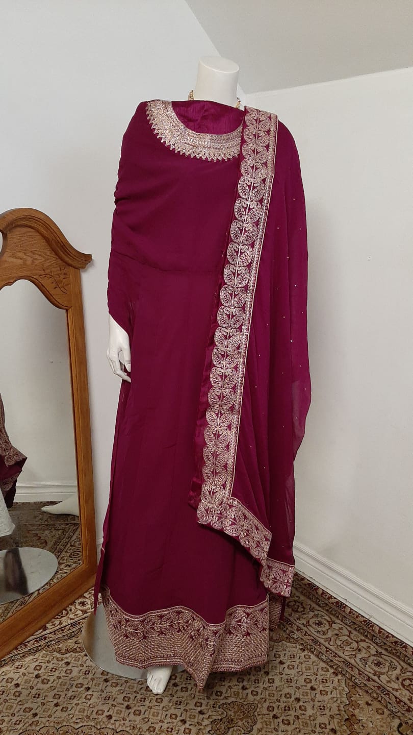 Mulberry Purple Georgette Gown with Embroidery and Stone work @ DressingStylesCA.com