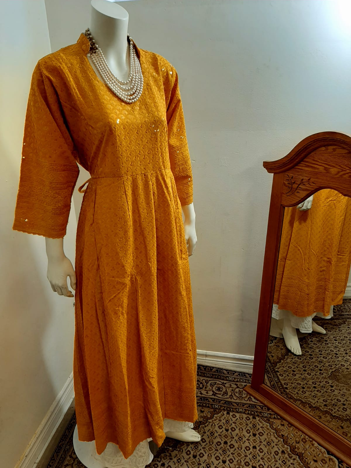 Mustard Yellow Kurti Chikankari & Cream Palazzo @ DressingStylesCA.com