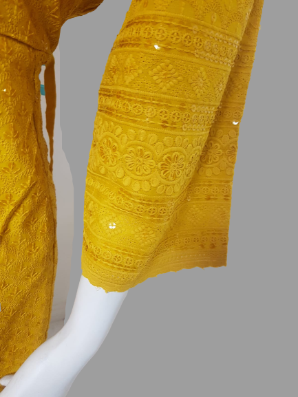 Mustard Yellow Kurti Chikankari & Cream Palazzo @ DressingStylesCA.com
