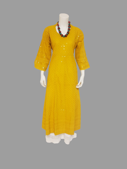 Mustard Yellow Kurti Chikankari & Cream Palazzo @ DressingStylesCA.com