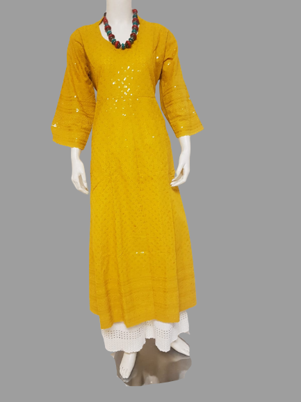 Mustard Yellow Kurti Chikankari & Cream Palazzo @ DressingStylesCA.com