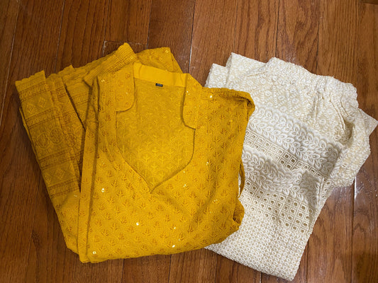 Mustard Yellow Kurti Chikankari & Cream Palazzo @ DressingStylesCA.com