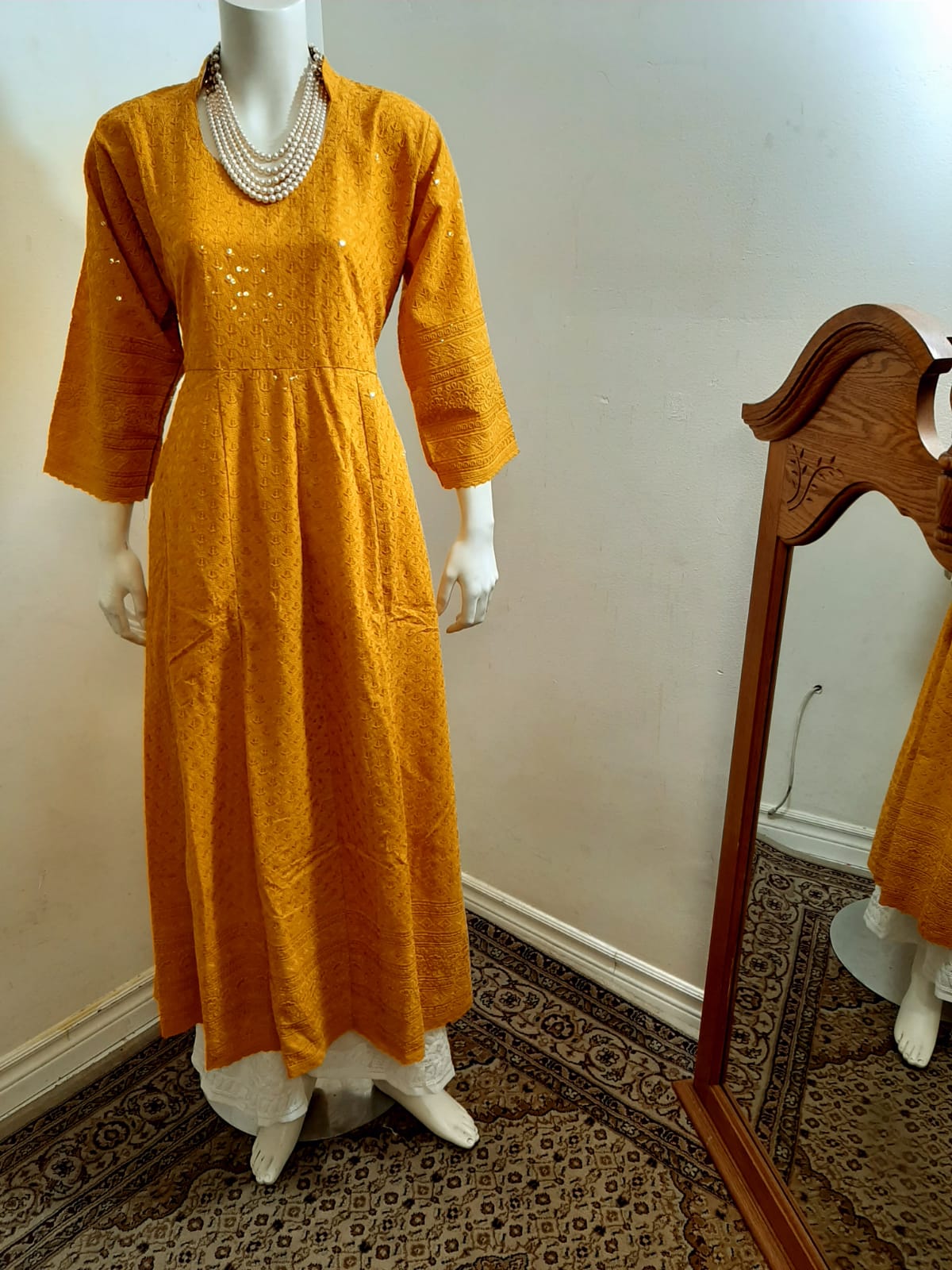Mustard Yellow Kurti Chikankari & Cream Palazzo @ DressingStylesCA.com