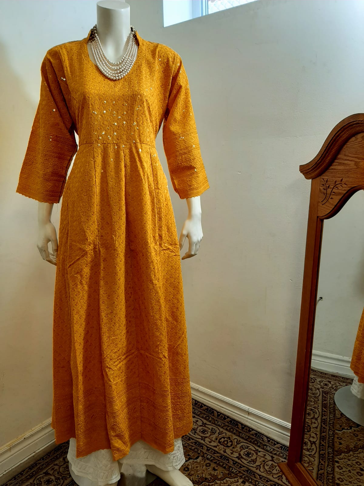 Mustard Yellow Kurti Chikankari & Cream Palazzo @ DressingStylesCA.com