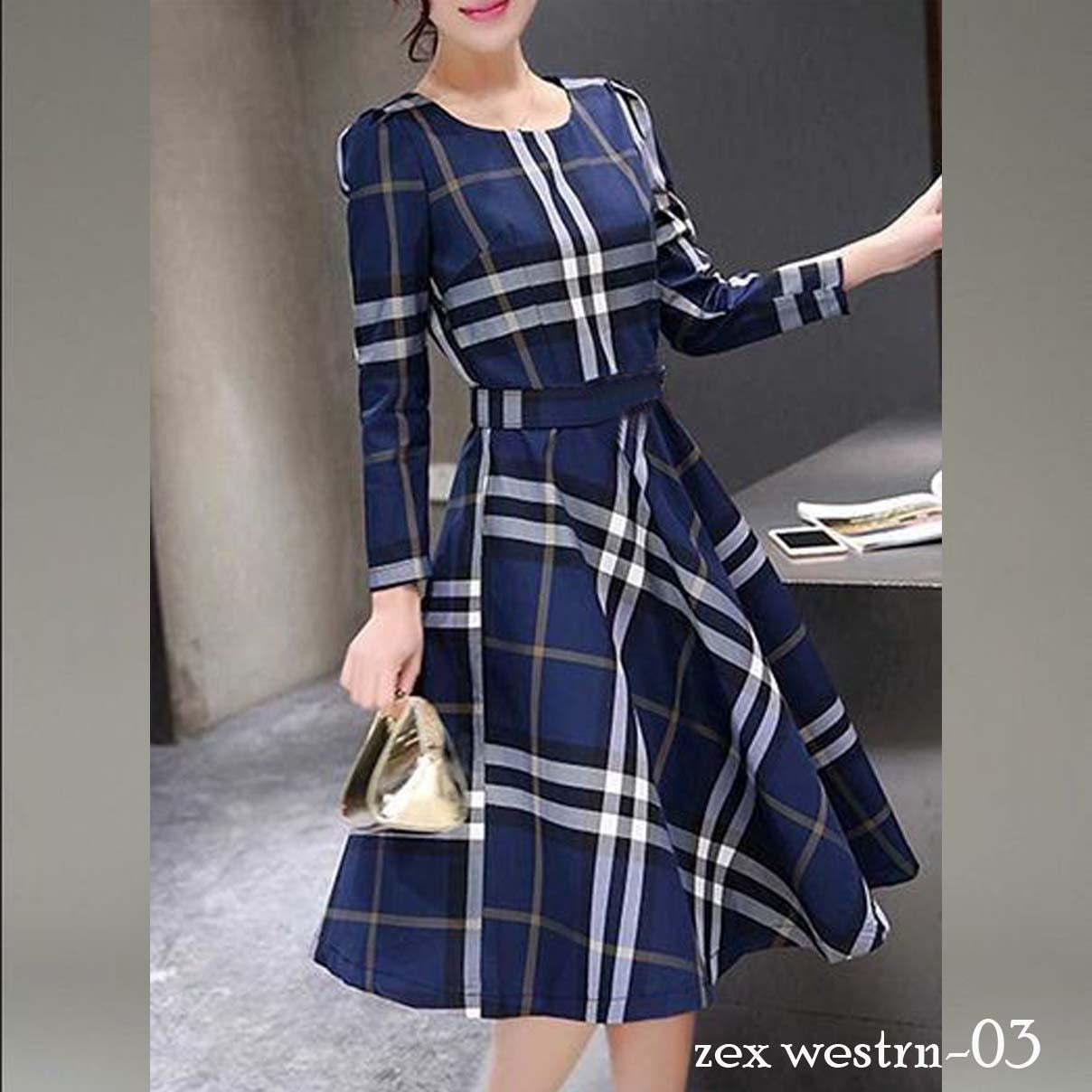 Navy Blue checkered Skirt @ DressingStylesCA.com