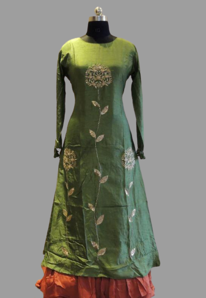 Olive Green & Brick Red Dola Silk Gown @ DressingStylesCA.com