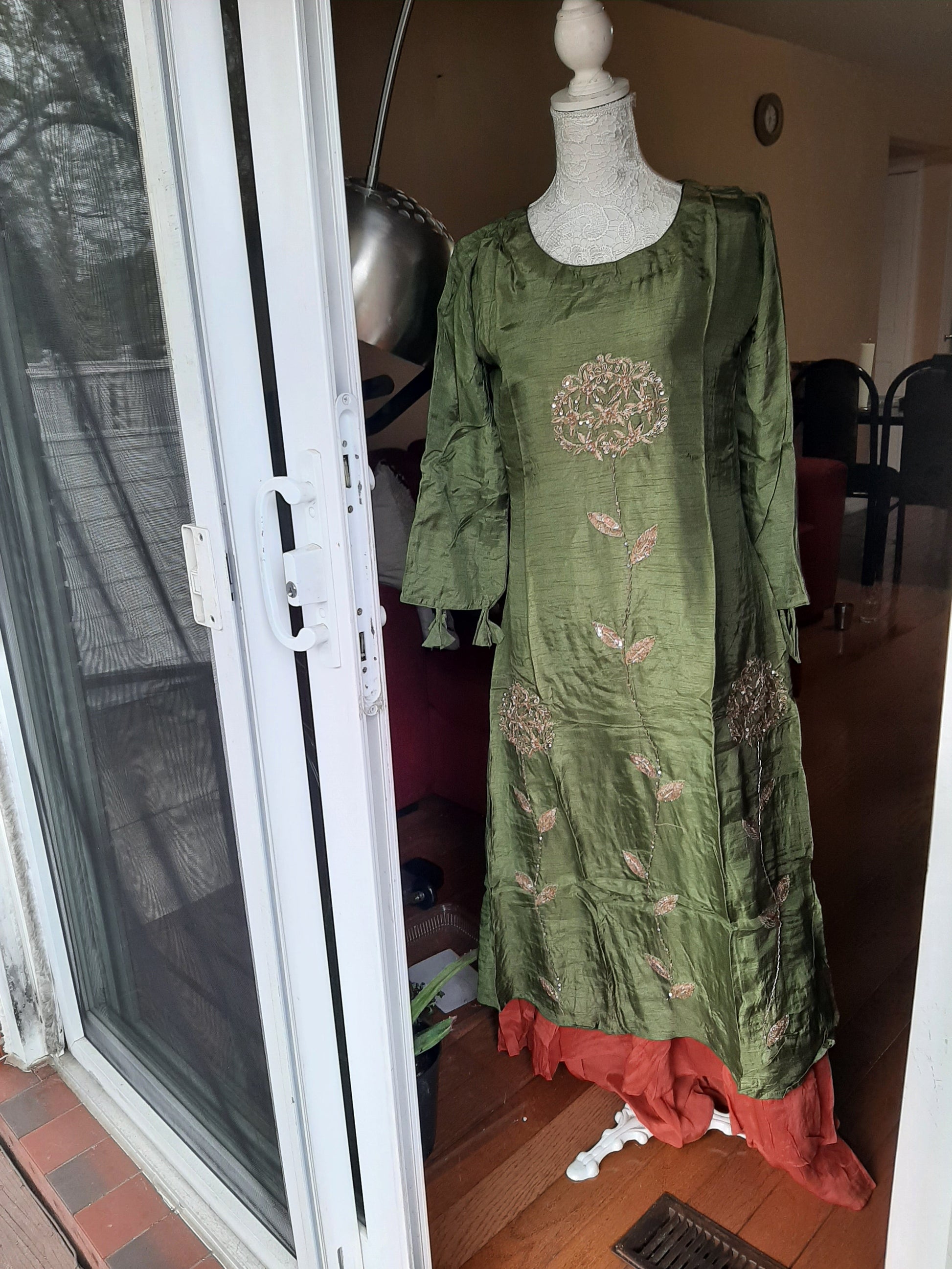 Olive Green & Brick Red Dola Silk Gown @ DressingStylesCA.com