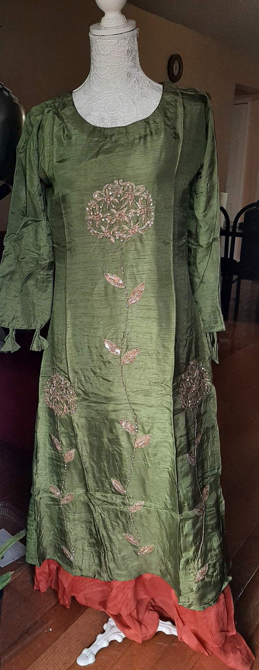 Olive Green & Brick Red Dola Silk Gown @ DressingStylesCA.com